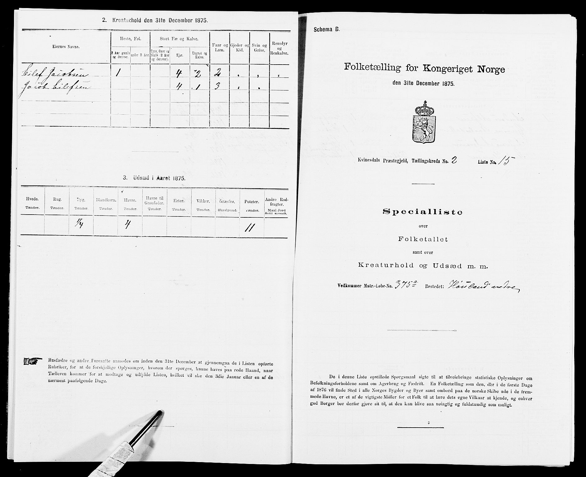 SAK, Folketelling 1875 for 1037P Kvinesdal prestegjeld, 1875, s. 301