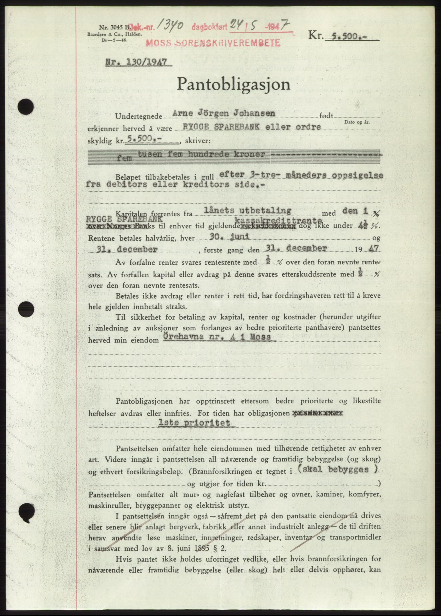 Moss sorenskriveri, SAO/A-10168: Pantebok nr. B17, 1947-1947, Dagboknr: 1340/1947