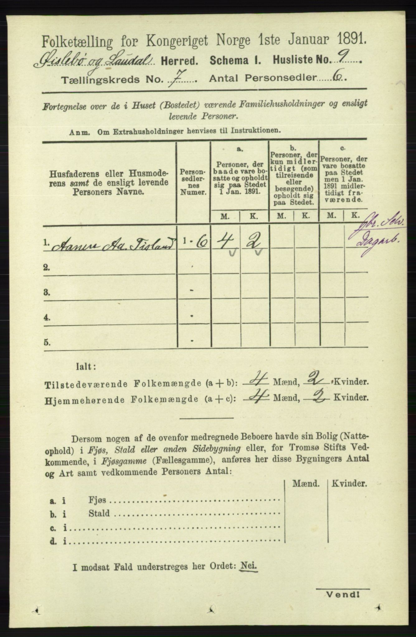 RA, Folketelling 1891 for 1021 Øyslebø og Laudal herred, 1891, s. 1912