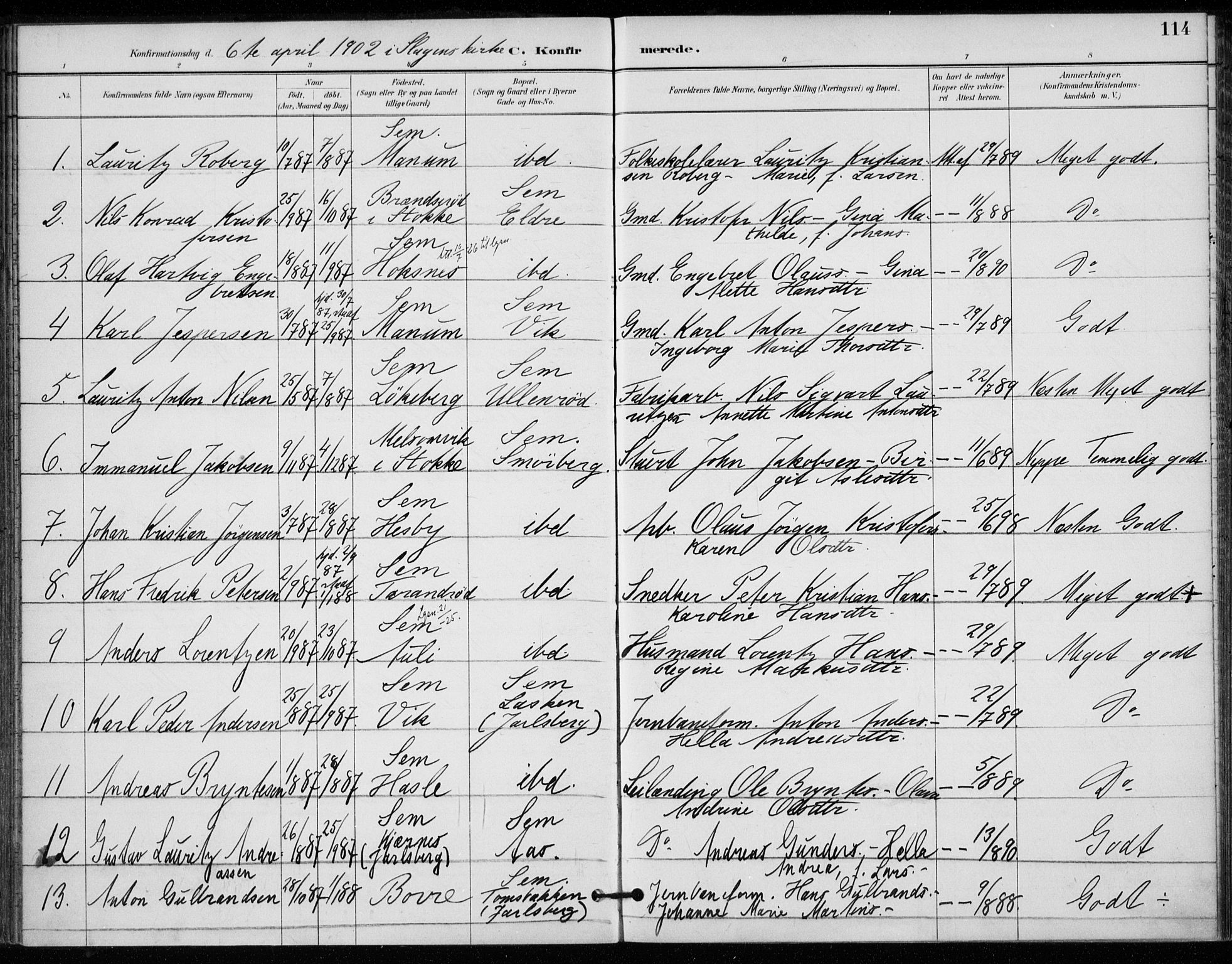 Sem kirkebøker, AV/SAKO-A-5/F/Fa/L0011: Ministerialbok nr. I 11, 1888-1904, s. 114