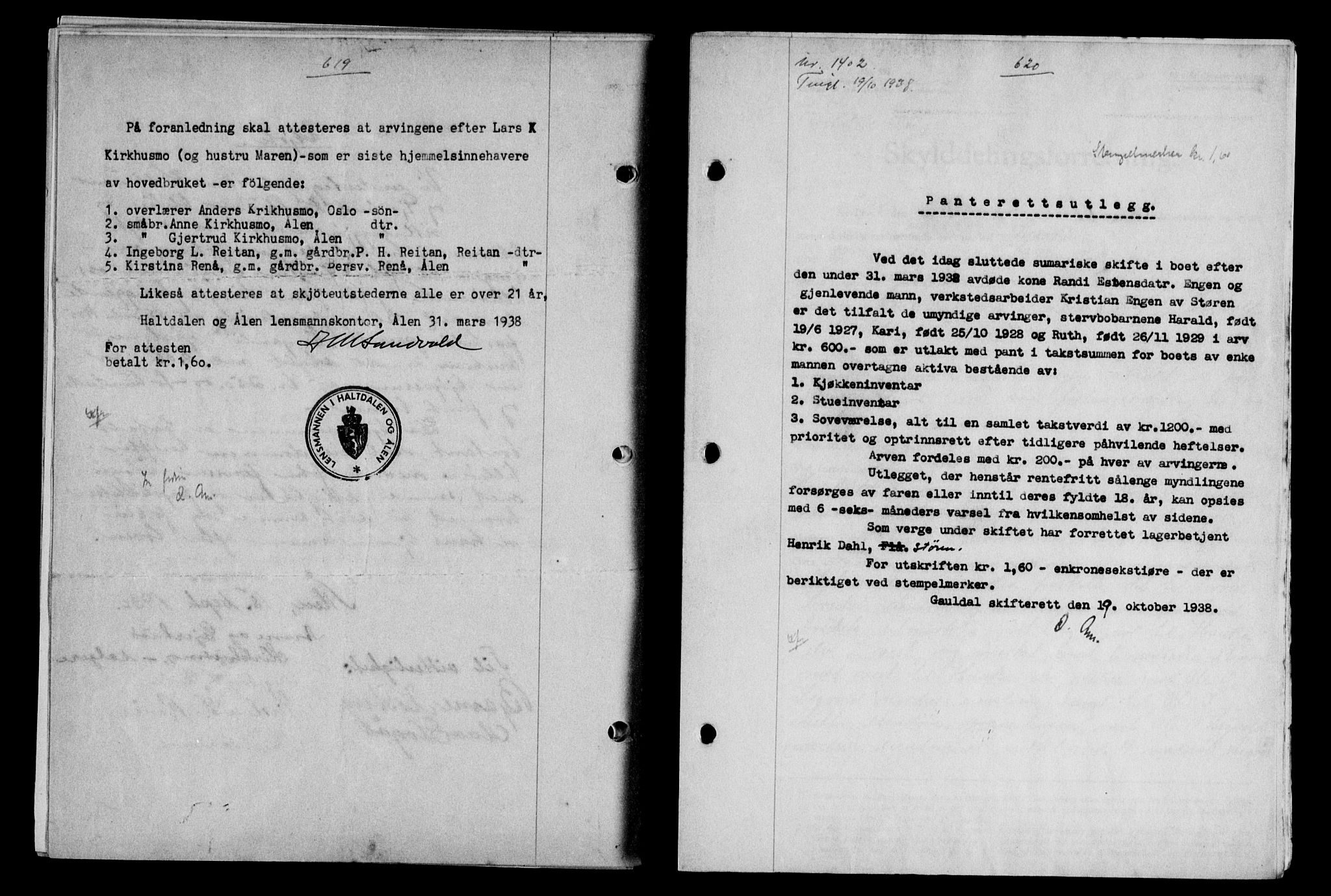 Gauldal sorenskriveri, SAT/A-0014/1/2/2C/L0049: Pantebok nr. 53, 1938-1938, Dagboknr: 1402/1938