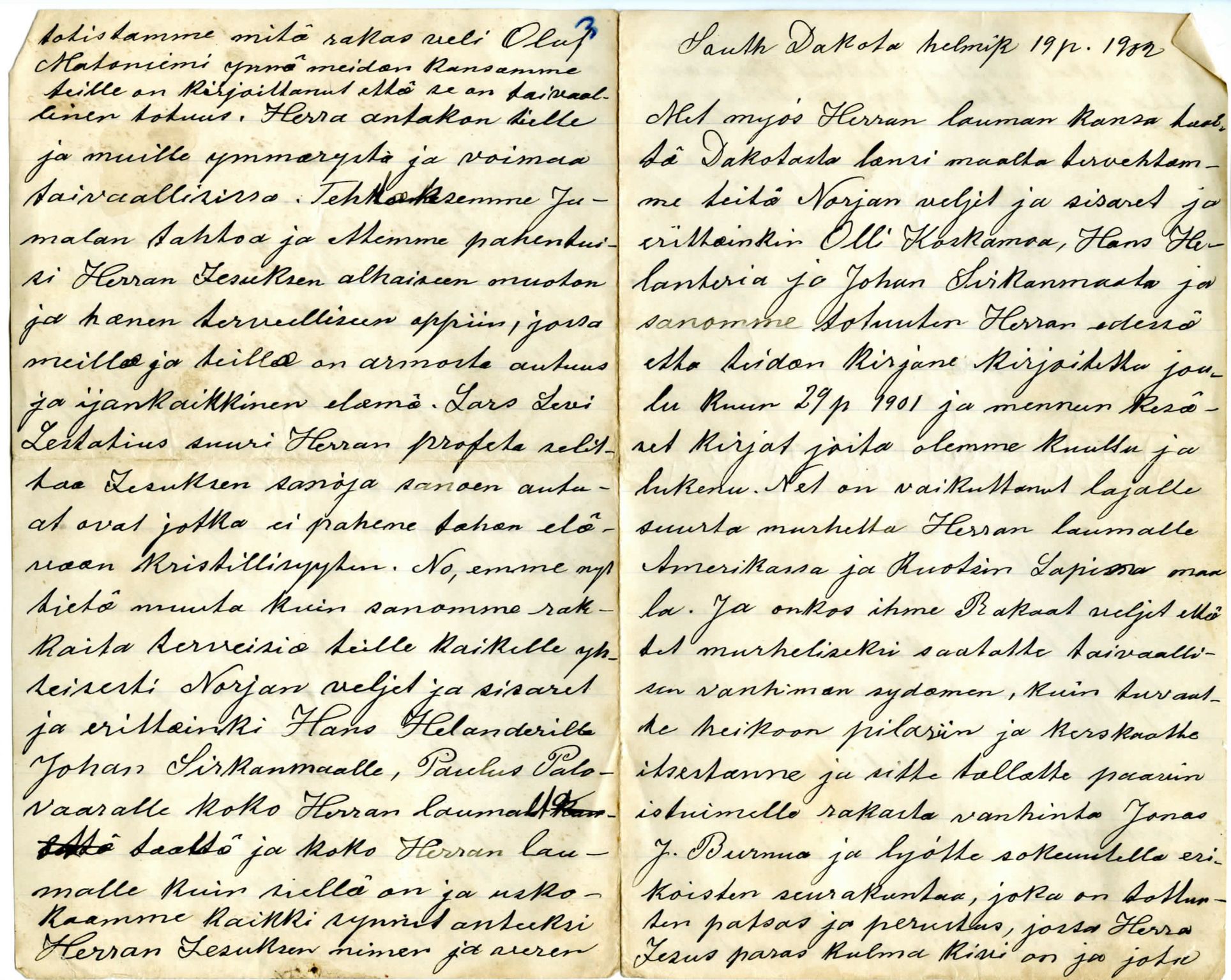 Elise Balos brevsamling, FMFB/A-1082/F/Fa/L0018: Brev fra læstadianske predikanter  i South Dakota, 1902