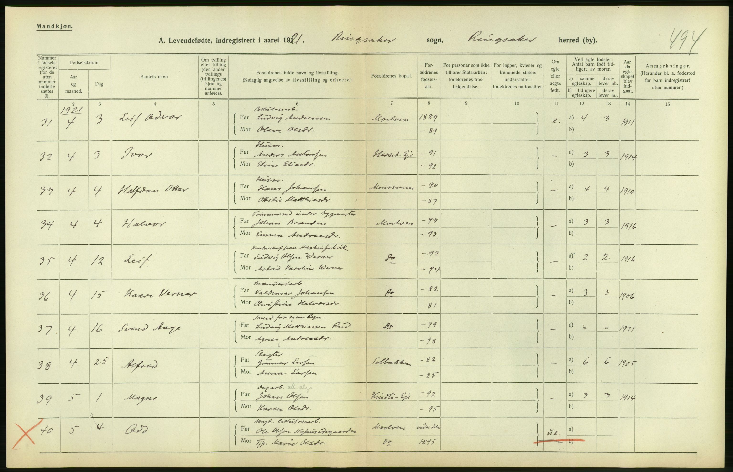 Statistisk sentralbyrå, Sosiodemografiske emner, Befolkning, AV/RA-S-2228/D/Df/Dfc/Dfca/L0014: Hedemark fylke: Levendefødte menn og kvinner. Bygder., 1921, s. 42