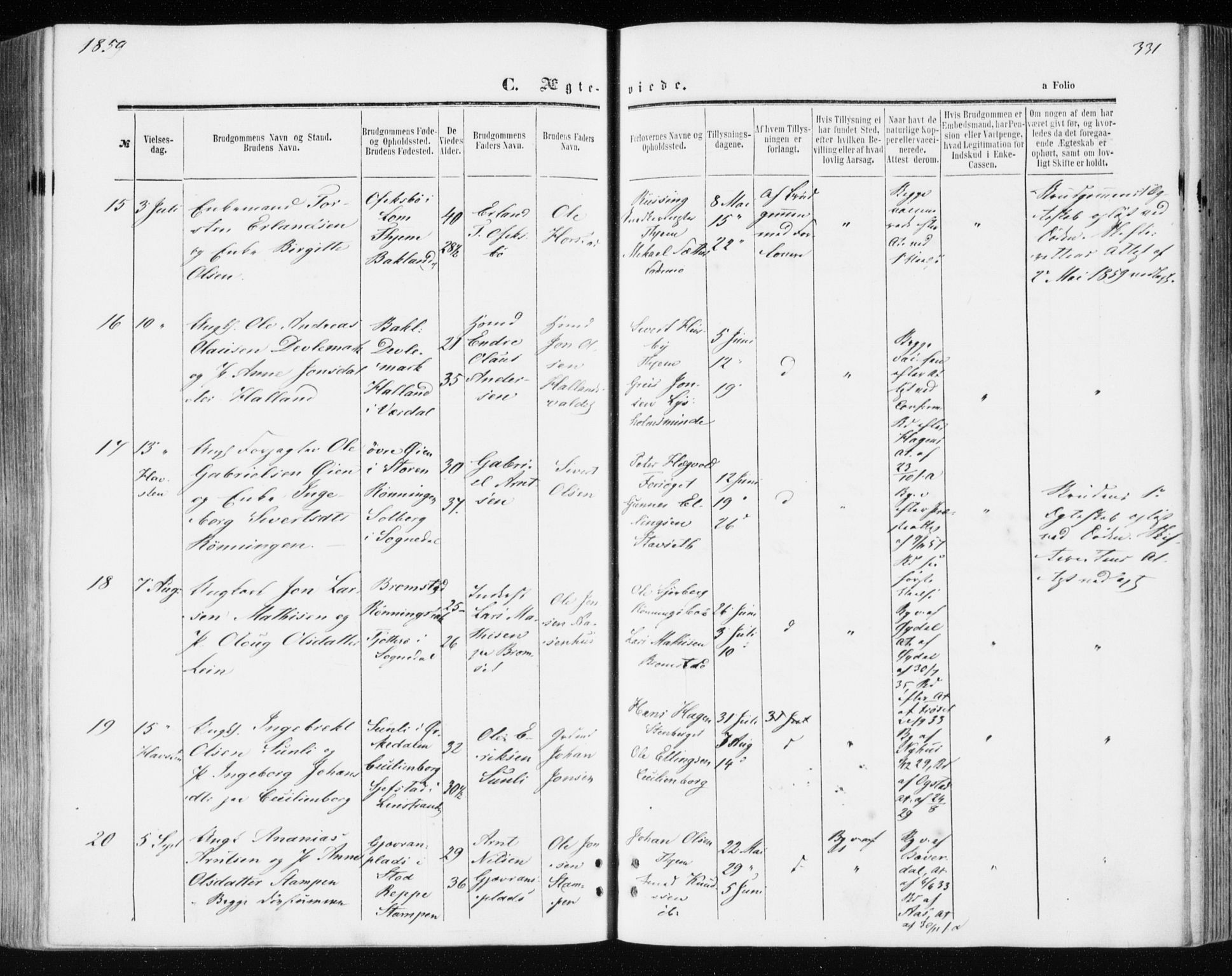 Ministerialprotokoller, klokkerbøker og fødselsregistre - Sør-Trøndelag, SAT/A-1456/606/L0292: Ministerialbok nr. 606A07, 1856-1865, s. 331