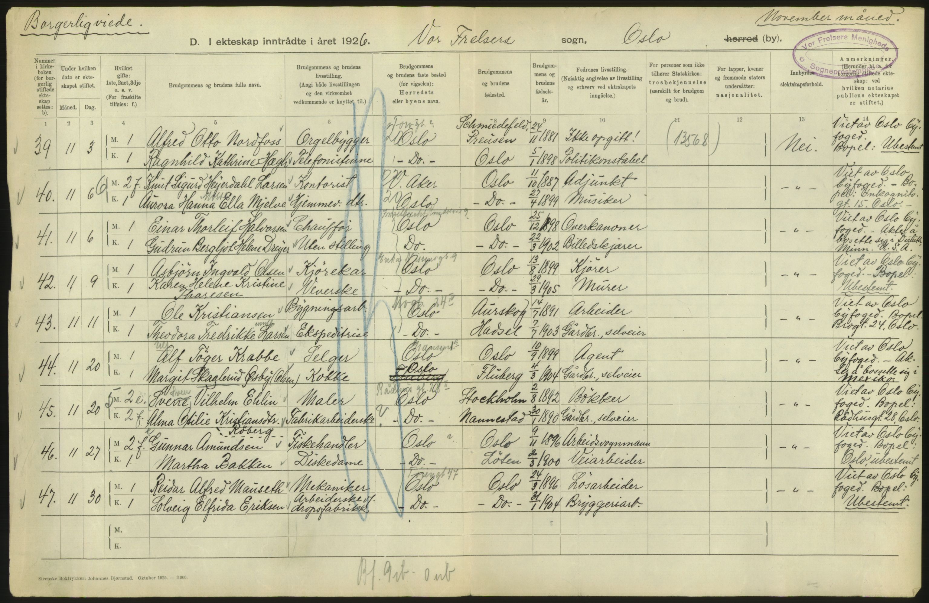 Statistisk sentralbyrå, Sosiodemografiske emner, Befolkning, AV/RA-S-2228/D/Df/Dfc/Dfcf/L0008: Oslo: Gifte, 1926, s. 132