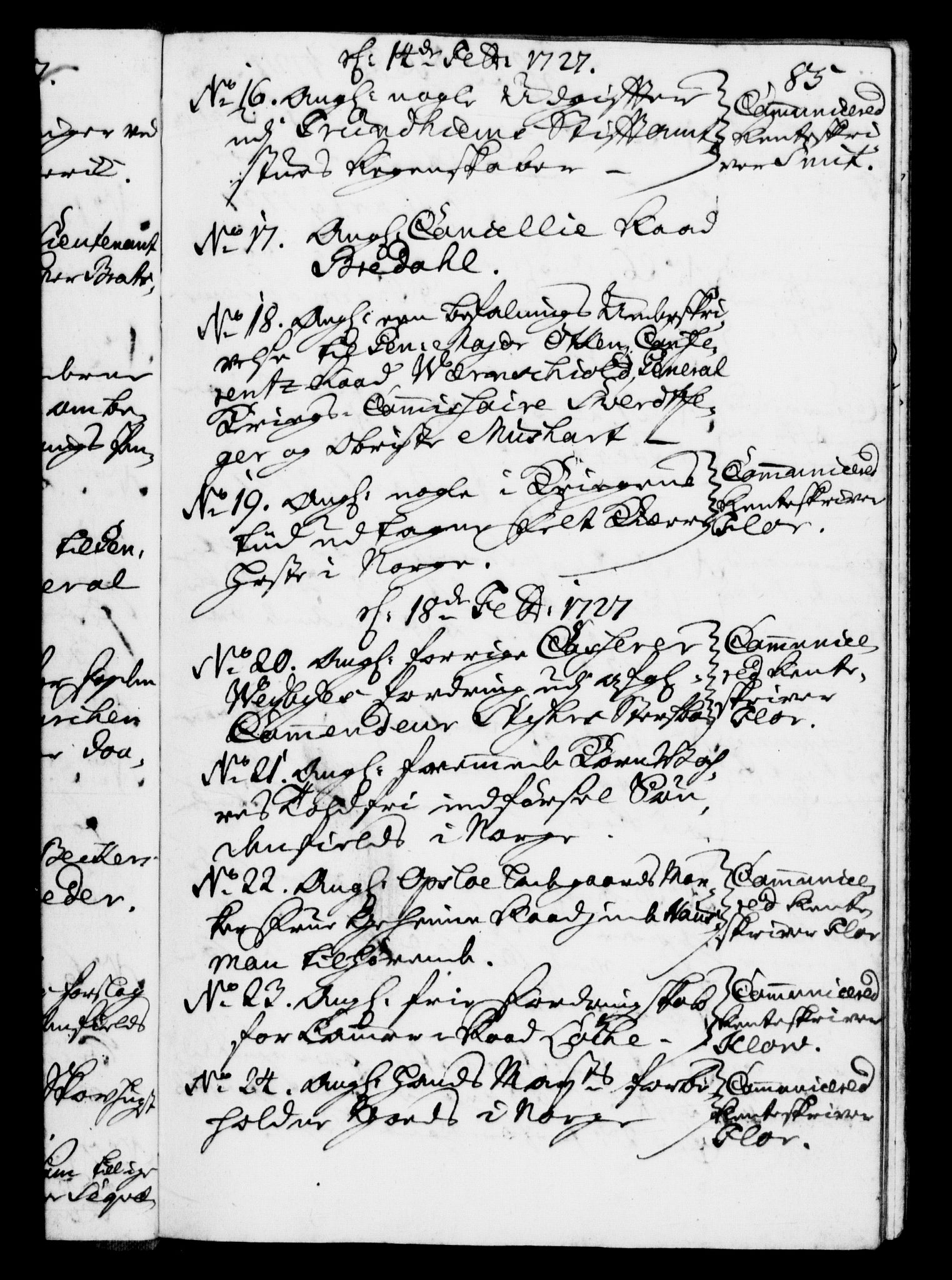 Rentekammeret, Kammerkanselliet, RA/EA-3111/G/Gf/Gfb/L0002: Register til norske relasjons- og resolusjonsprotokoller (merket RK 52.97), 1724-1728, s. 85