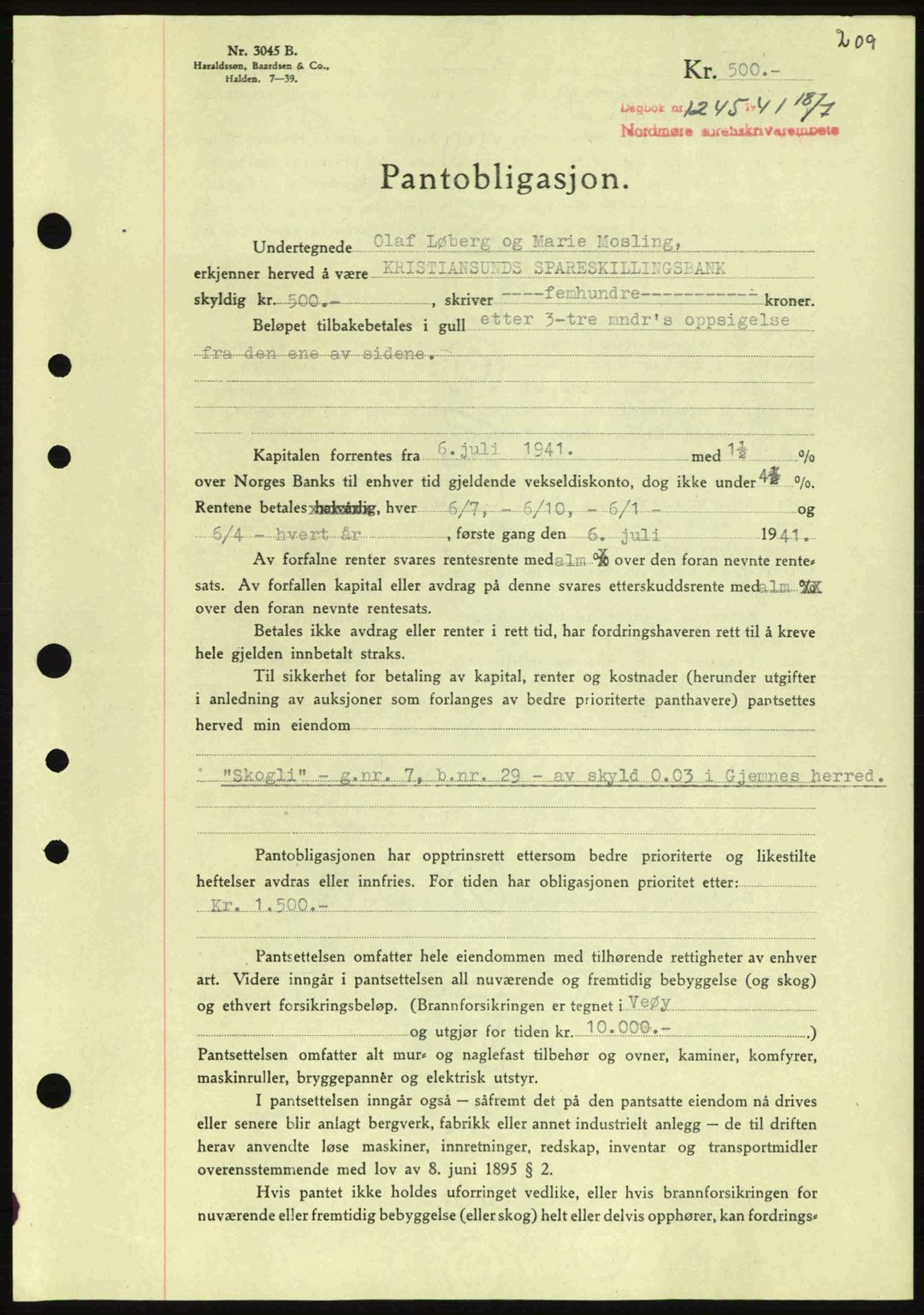Nordmøre sorenskriveri, SAT/A-4132/1/2/2Ca: Pantebok nr. B88, 1941-1942, Dagboknr: 1245/1941