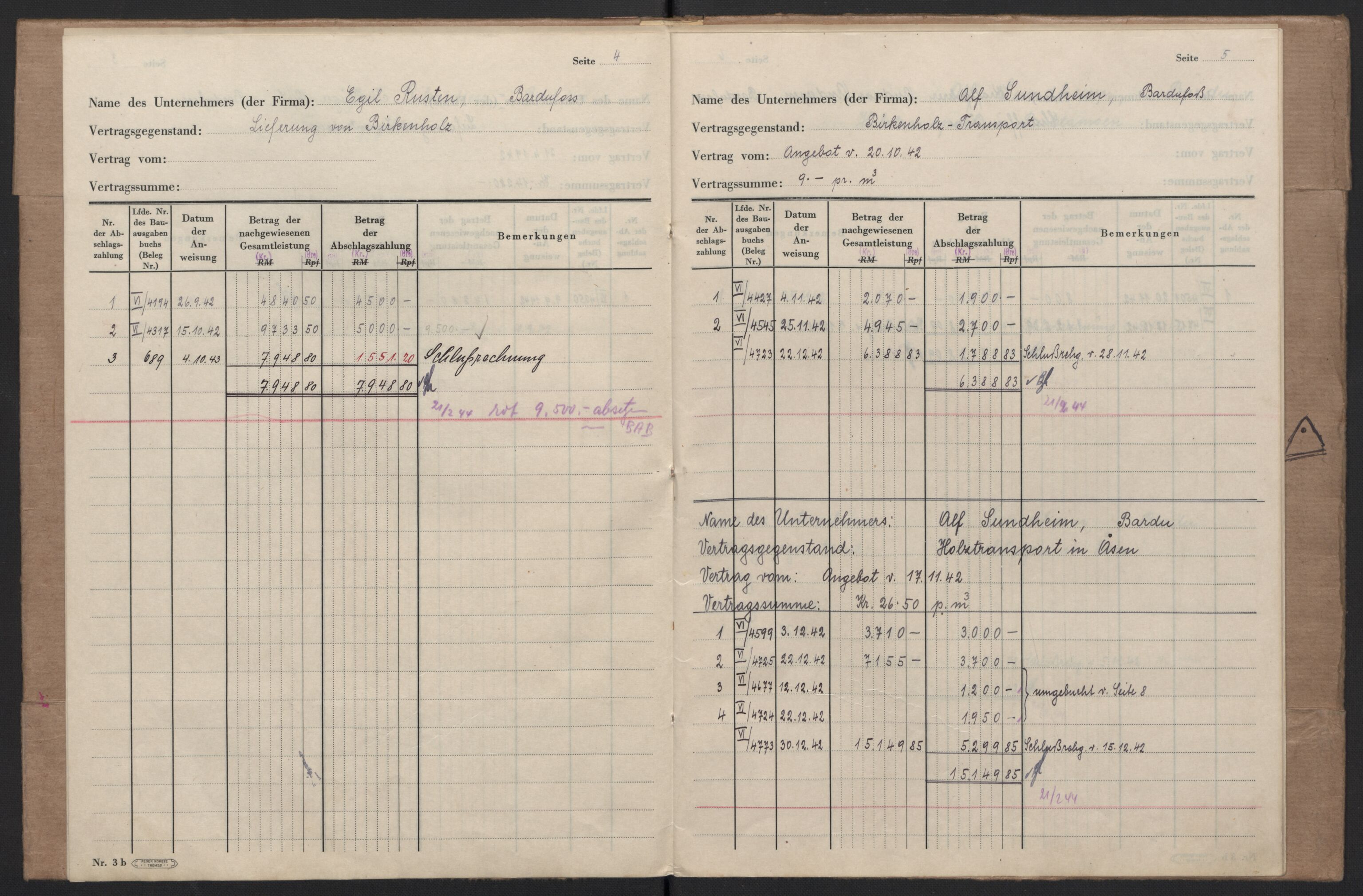 Tyske arkiver, Organisation Todt (OT), Einsatzgruppe Wiking, AV/RA-RAFA-2188/2/F/Fg/Fgb/L0005: Bltg. L.W. Bardufoss: Diverse regnskapsbøker, 1940