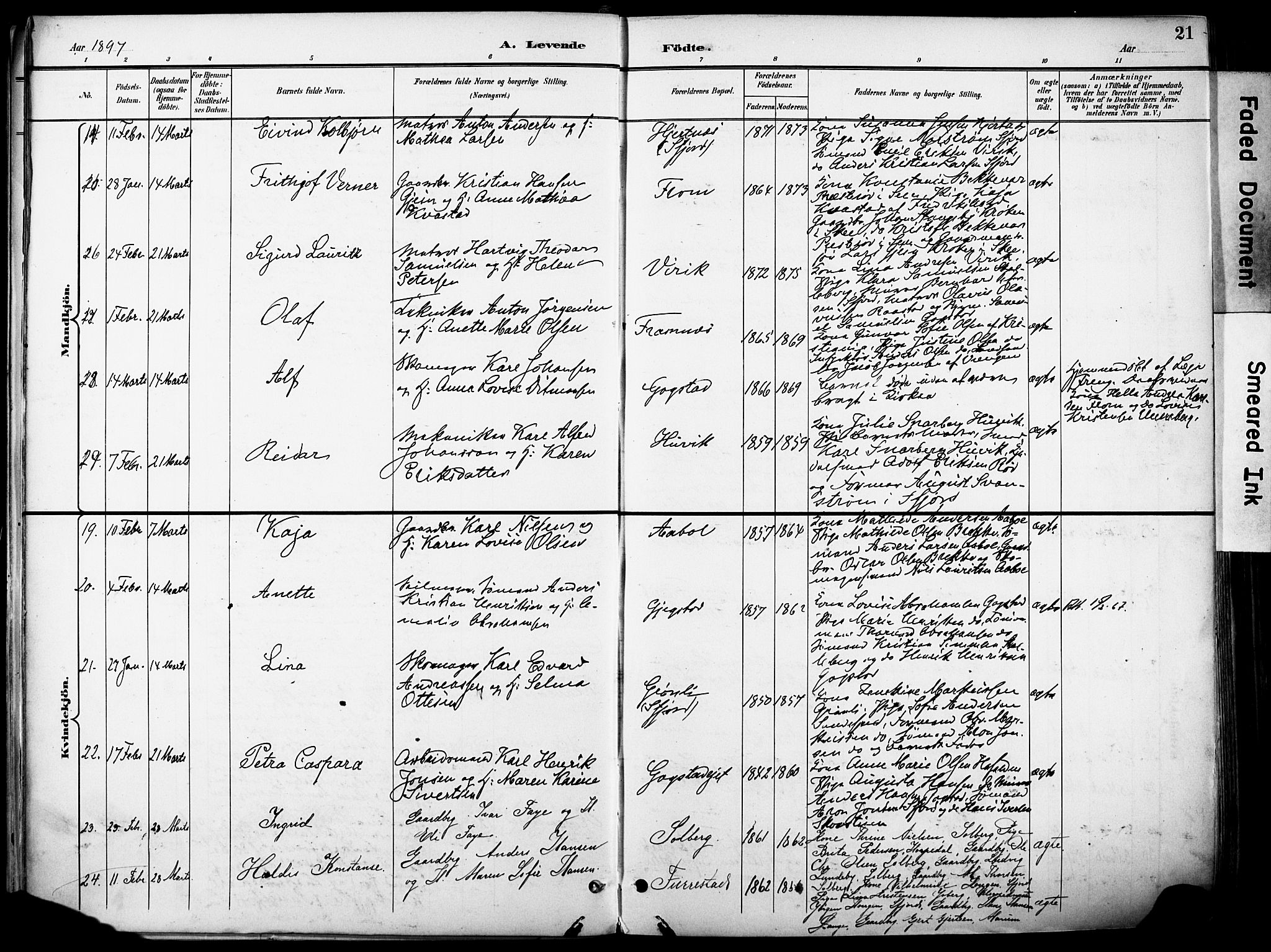 Sandar kirkebøker, AV/SAKO-A-243/F/Fa/L0014: Ministerialbok nr. 14, 1896-1909, s. 21