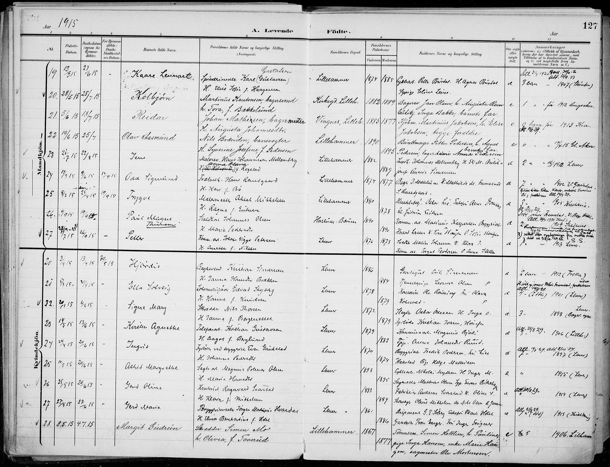 Lillehammer prestekontor, AV/SAH-PREST-088/H/Ha/Haa/L0001: Ministerialbok nr. 1, 1901-1916, s. 127
