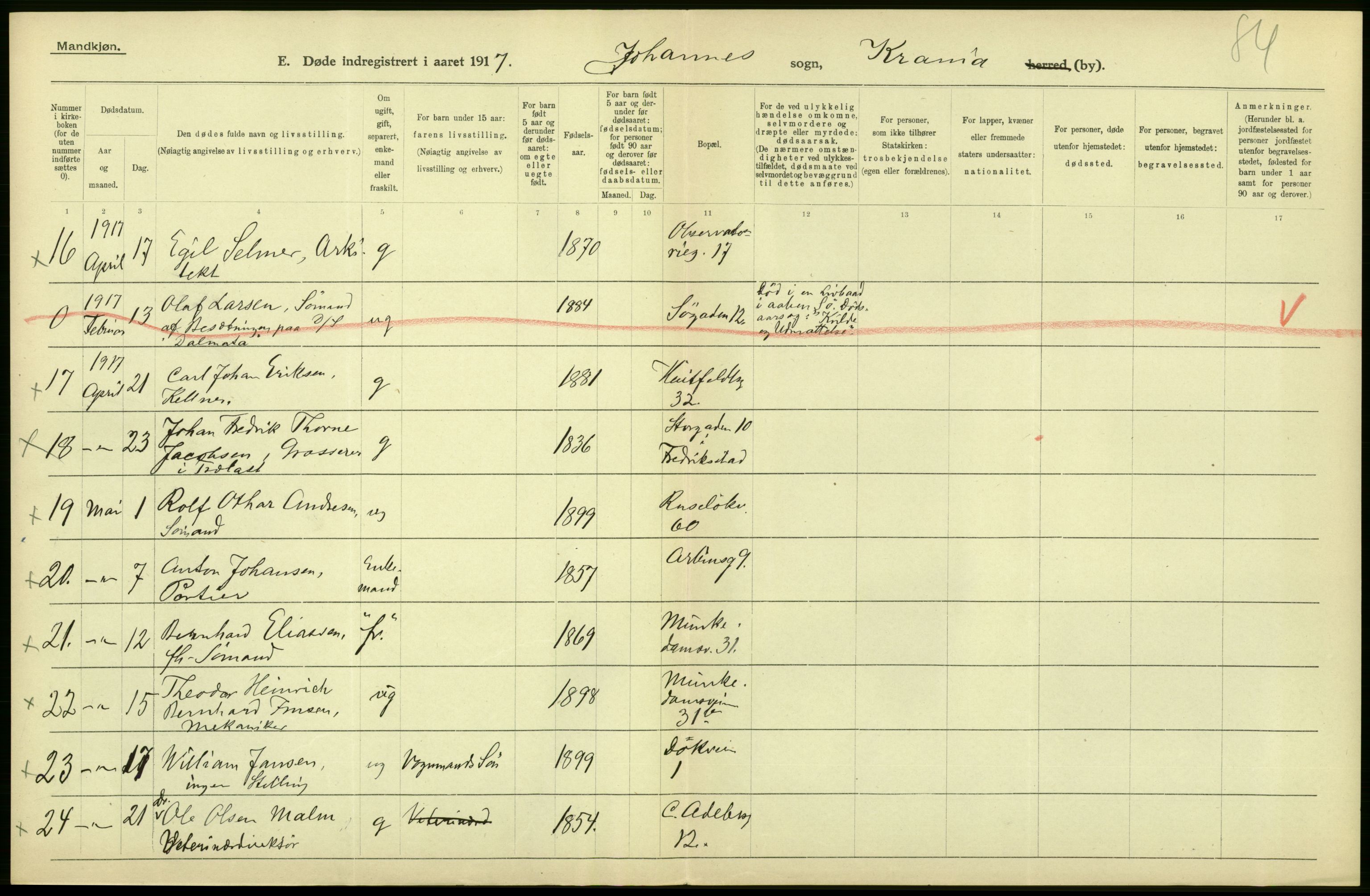 Statistisk sentralbyrå, Sosiodemografiske emner, Befolkning, AV/RA-S-2228/D/Df/Dfb/Dfbg/L0010: Kristiania: Døde, 1917, s. 494