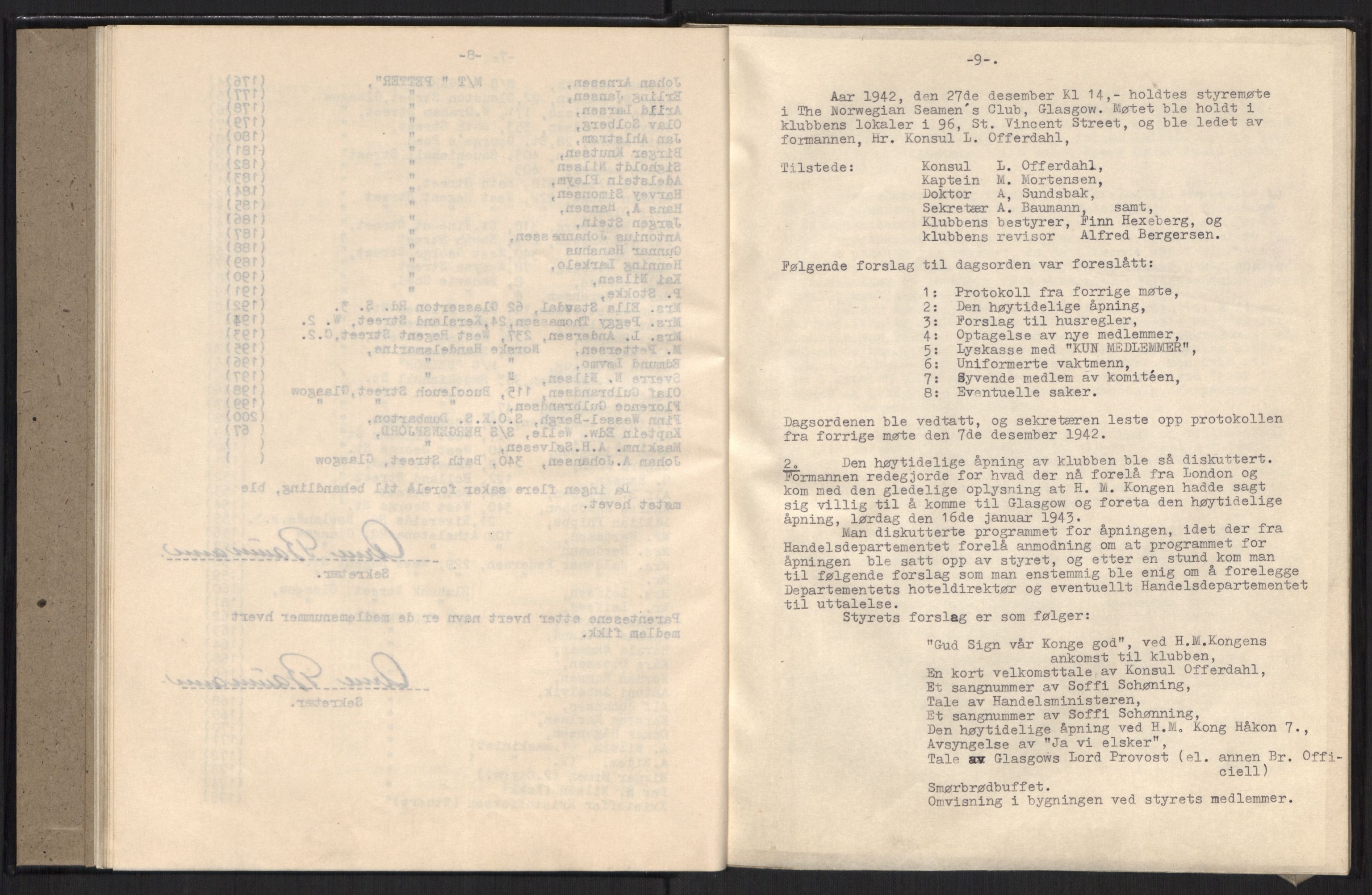 Riksrevisjonen, 18. kontor, AV/RA-S-1523/057/E/Ea/L0007/0001: Protokoll & bilag 2 stk Møteprotokoll. Kvitteringsbok. 3 legg Bilag vedr. kontantbeholdning og innkj / To møteprotokoller for Glasgow Club (Norwegian Seamens Club, Glasgow), 1942-1945