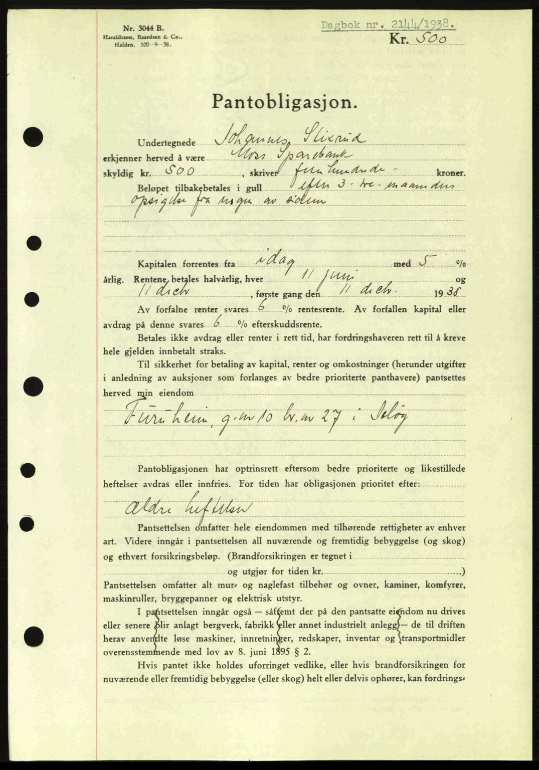 Moss sorenskriveri, SAO/A-10168: Pantebok nr. B6, 1938-1938, Dagboknr: 2144/1938