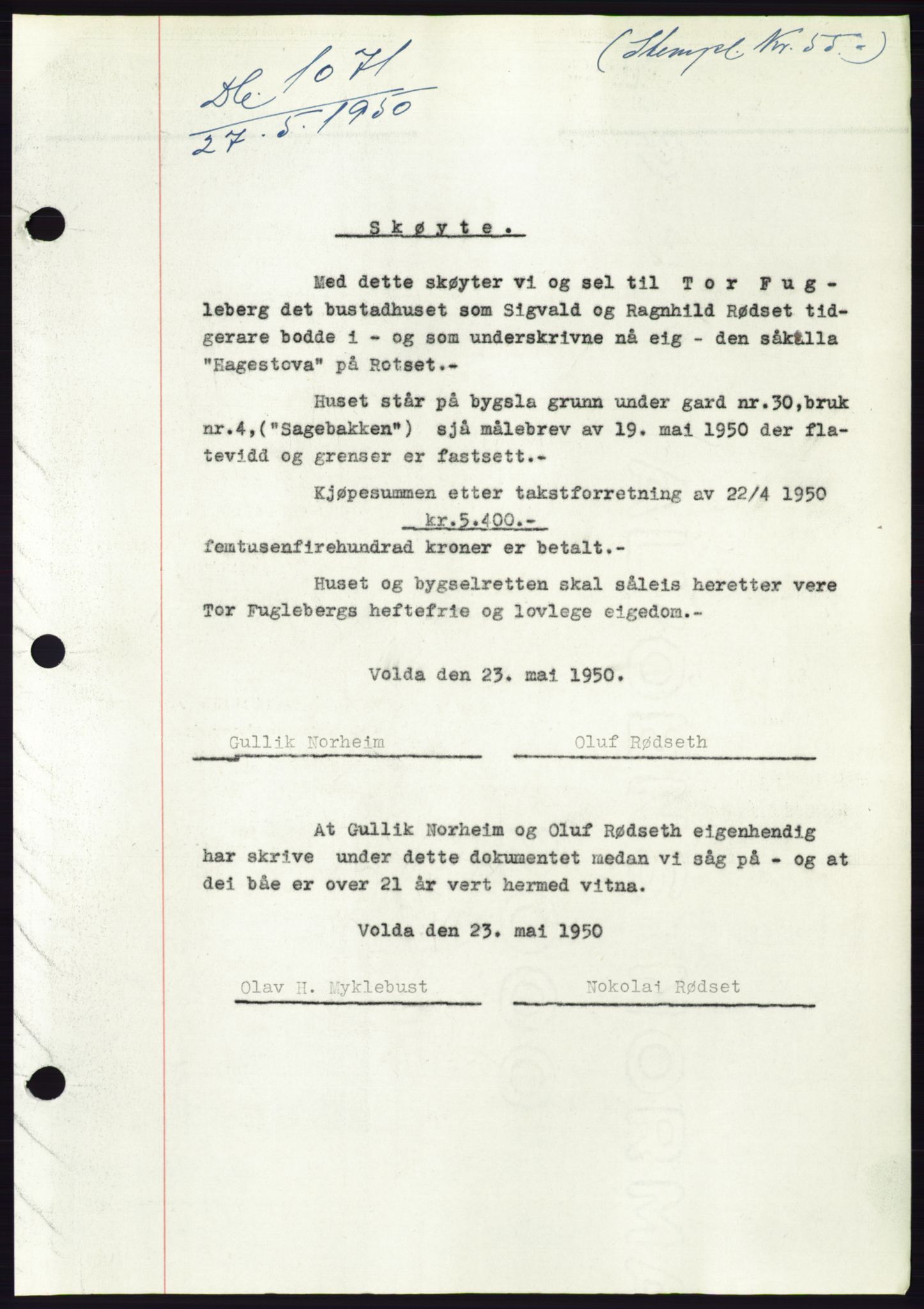 Søre Sunnmøre sorenskriveri, AV/SAT-A-4122/1/2/2C/L0087: Pantebok nr. 13A, 1950-1950, Dagboknr: 1071/1950