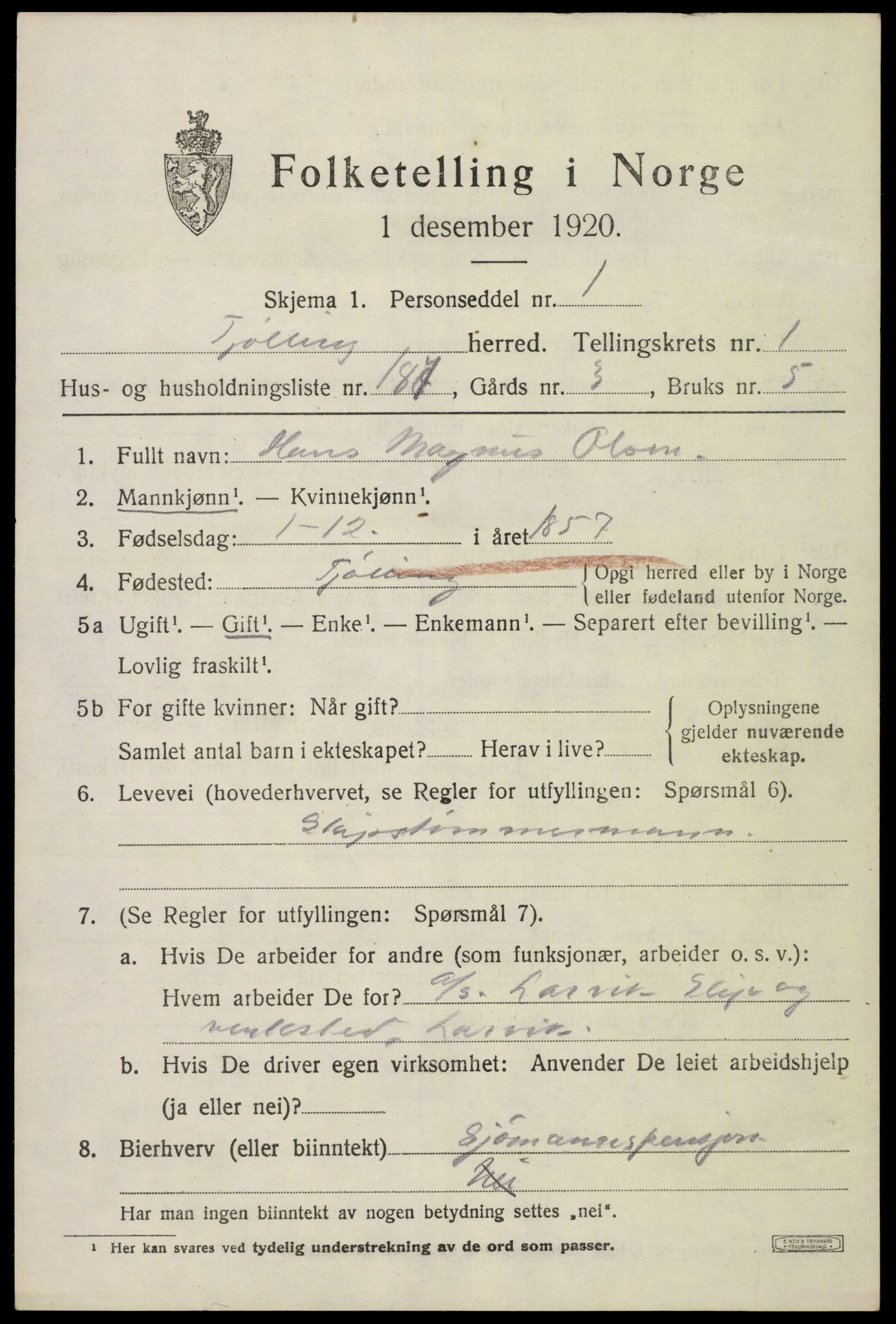 SAKO, Folketelling 1920 for 0725 Tjølling herred, 1920, s. 3695