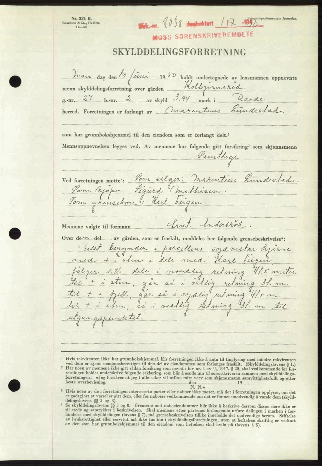 Moss sorenskriveri, SAO/A-10168: Pantebok nr. A26, 1950-1950, Dagboknr: 2038/1950