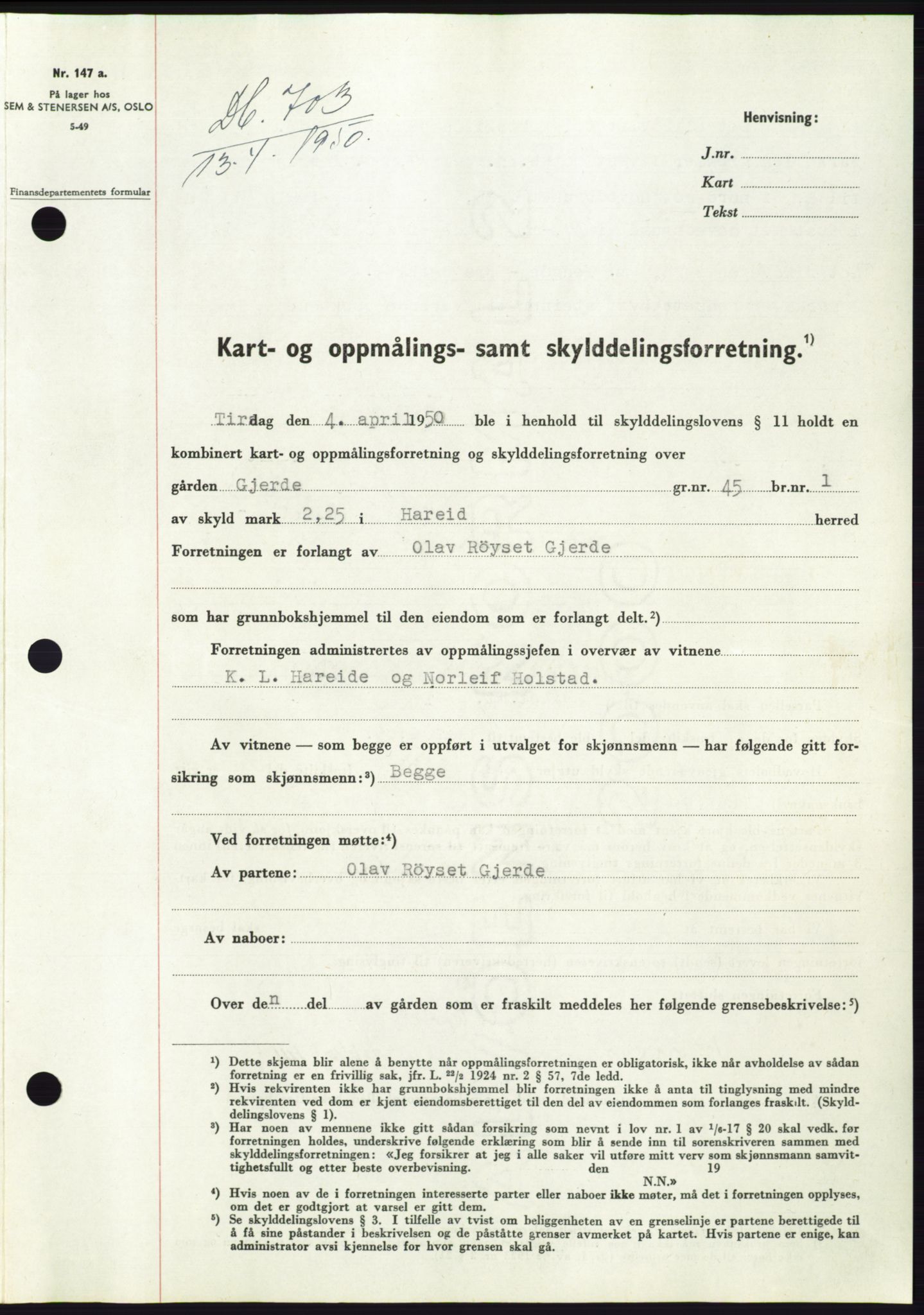Søre Sunnmøre sorenskriveri, SAT/A-4122/1/2/2C/L0086: Pantebok nr. 12A, 1949-1950, Dagboknr: 703/1950