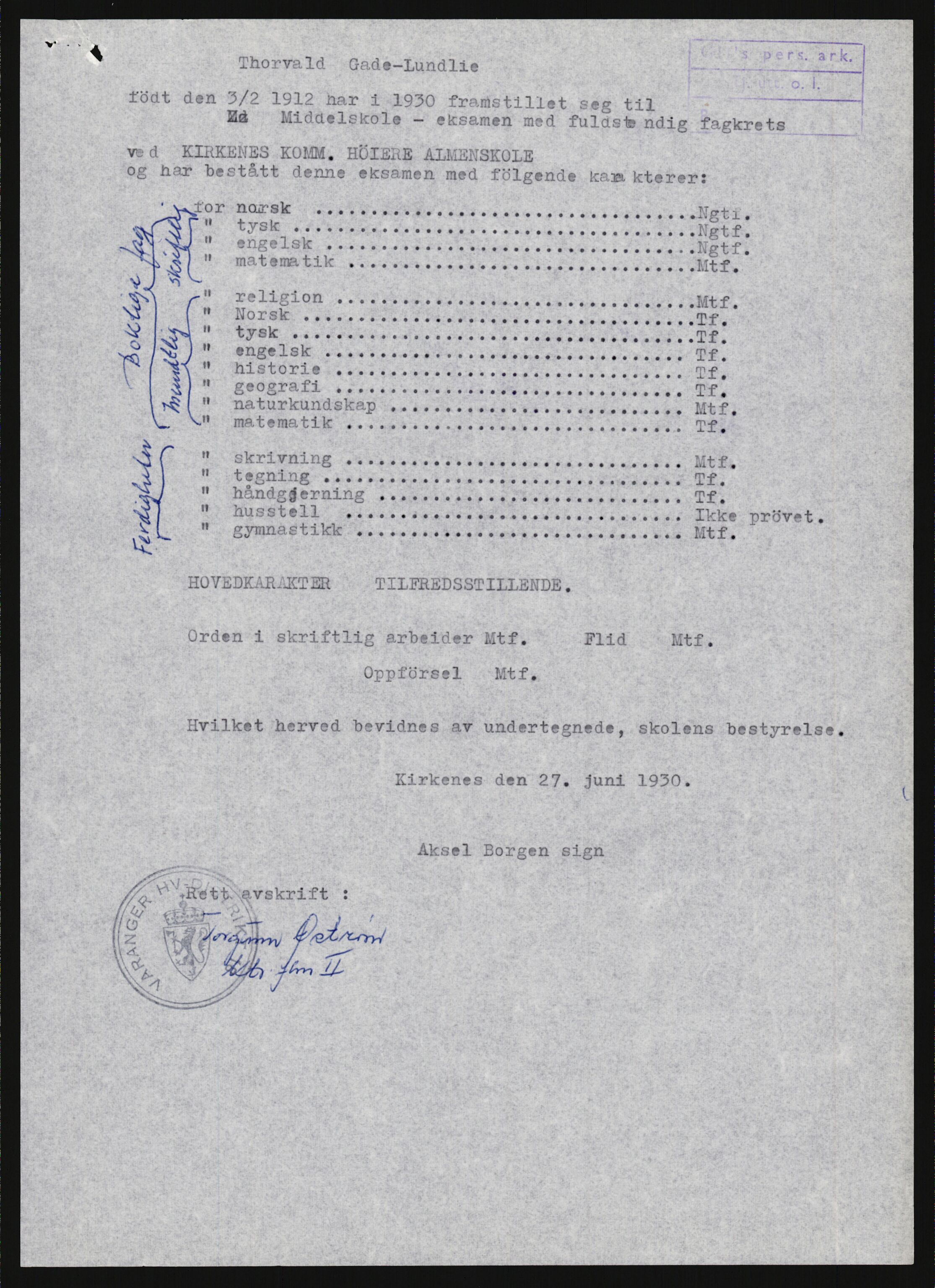 Forsvaret, Varanger bataljon, AV/RA-RAFA-2258/1/D/L0455: Rulleblad og tjenesteuttalelser for befal født 1894-1896, 1901-1909 og 1911-1915, 1894-1915, s. 184