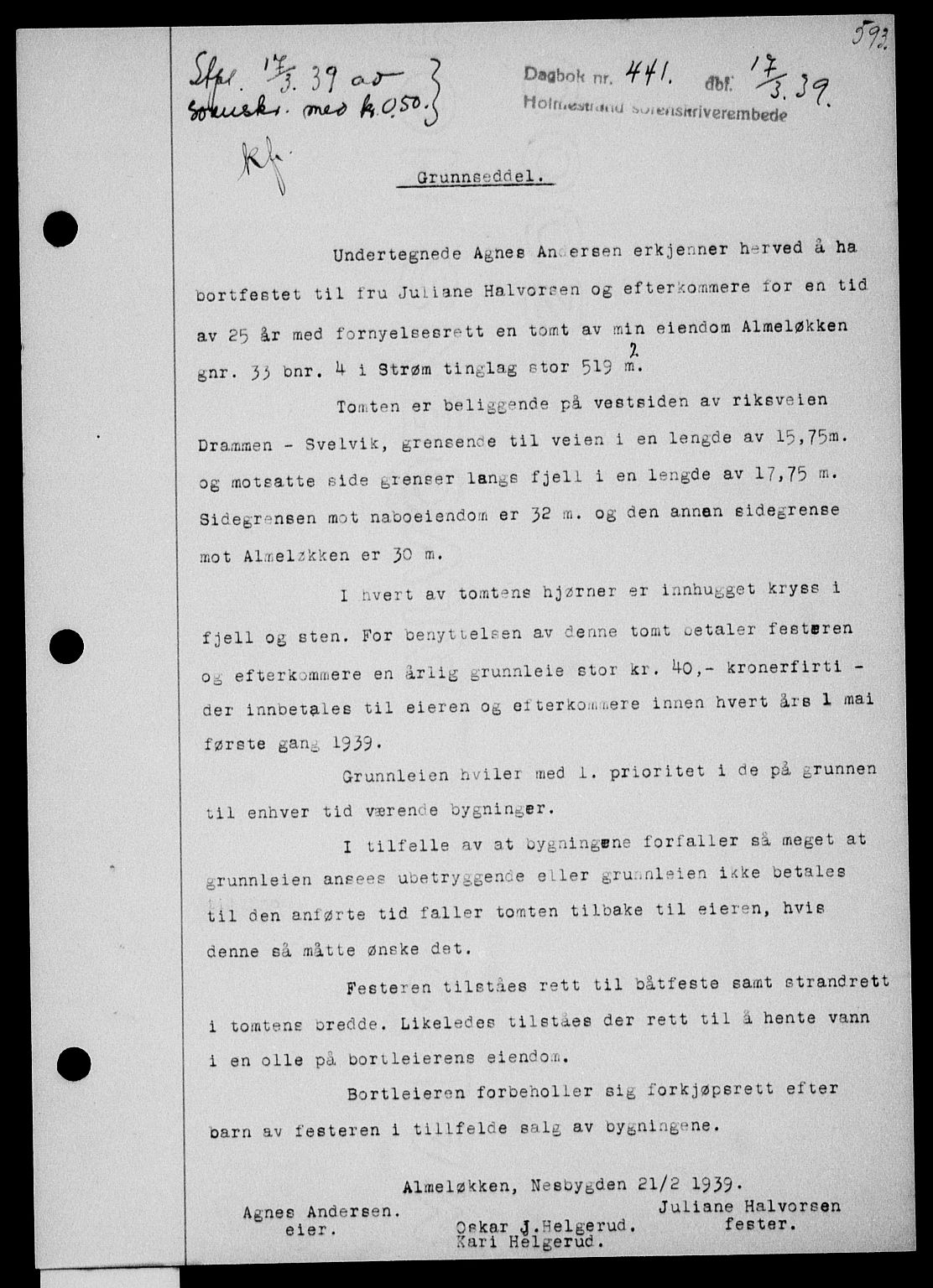 Holmestrand sorenskriveri, SAKO/A-67/G/Ga/Gaa/L0050: Pantebok nr. A-50, 1938-1939, Dagboknr: 441/1939