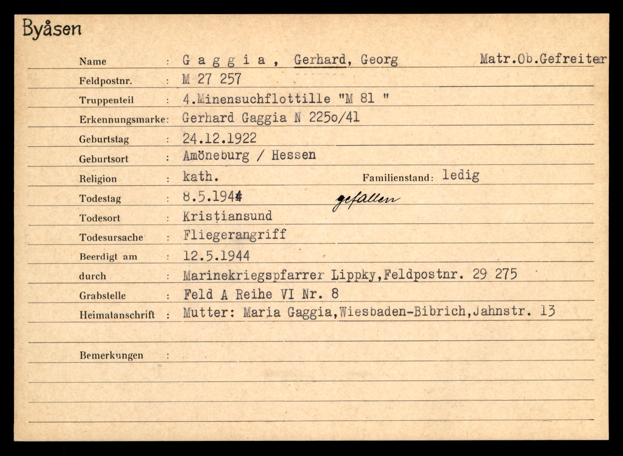 Distriktskontoret for krigsgraver, SAT/A-5030/E/L0004: Kasett/kartotek over tysk Krigskirkegård på Byåsen, 1945, s. 453