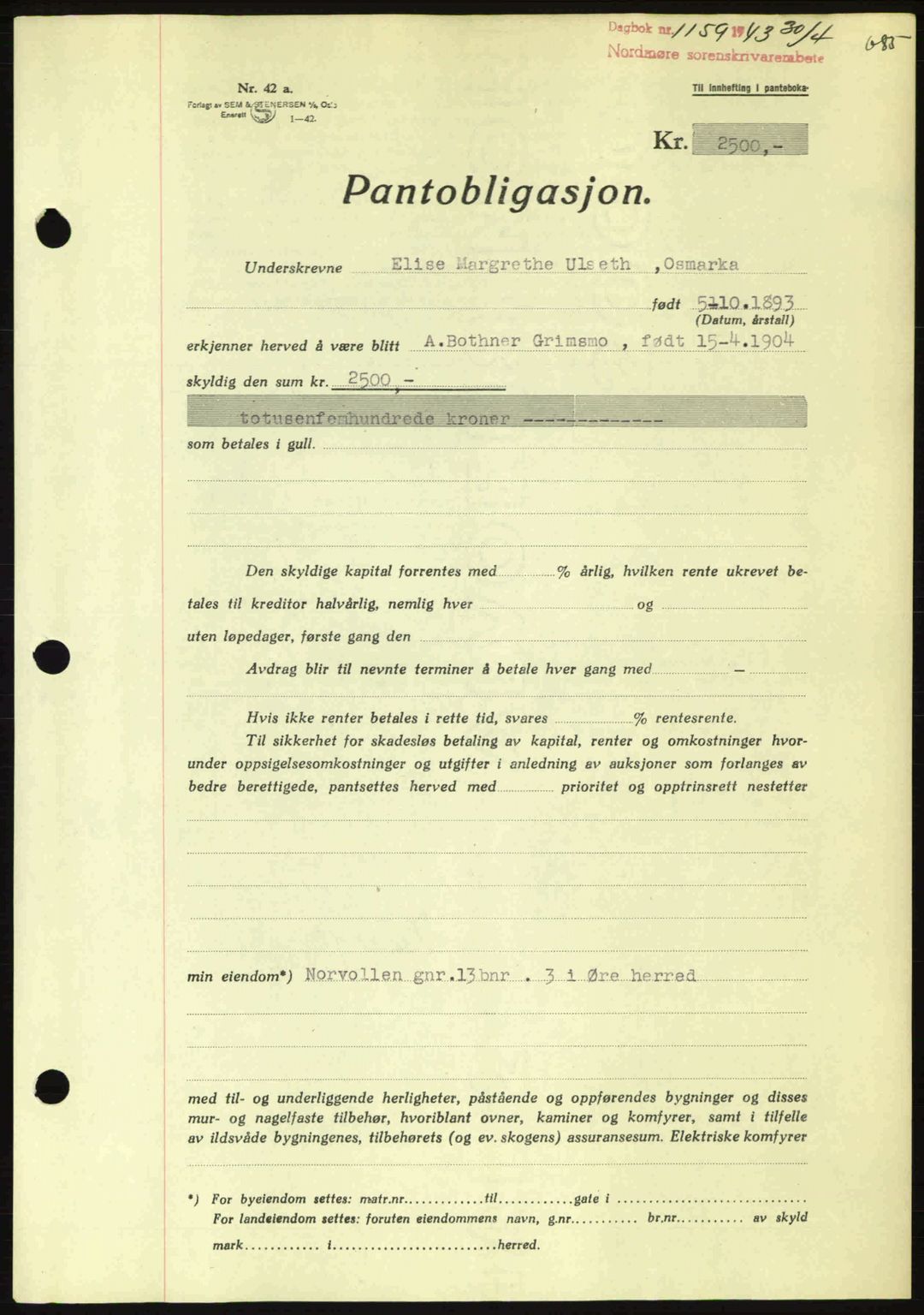 Nordmøre sorenskriveri, SAT/A-4132/1/2/2Ca: Pantebok nr. B90, 1942-1943, Dagboknr: 1159/1943