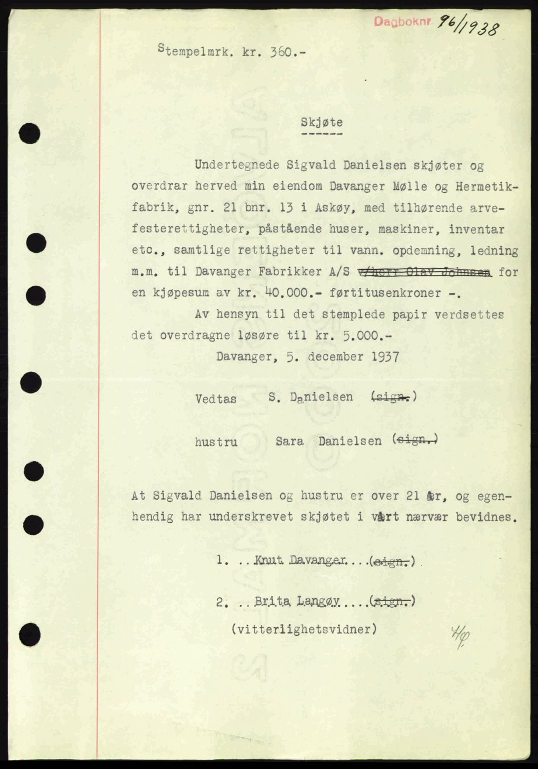 Midhordland sorenskriveri, SAB/A-3001/1/G/Gb/Gbh/L0005: Pantebok nr. A9-10, 1938-1938, Dagboknr: 96/1938