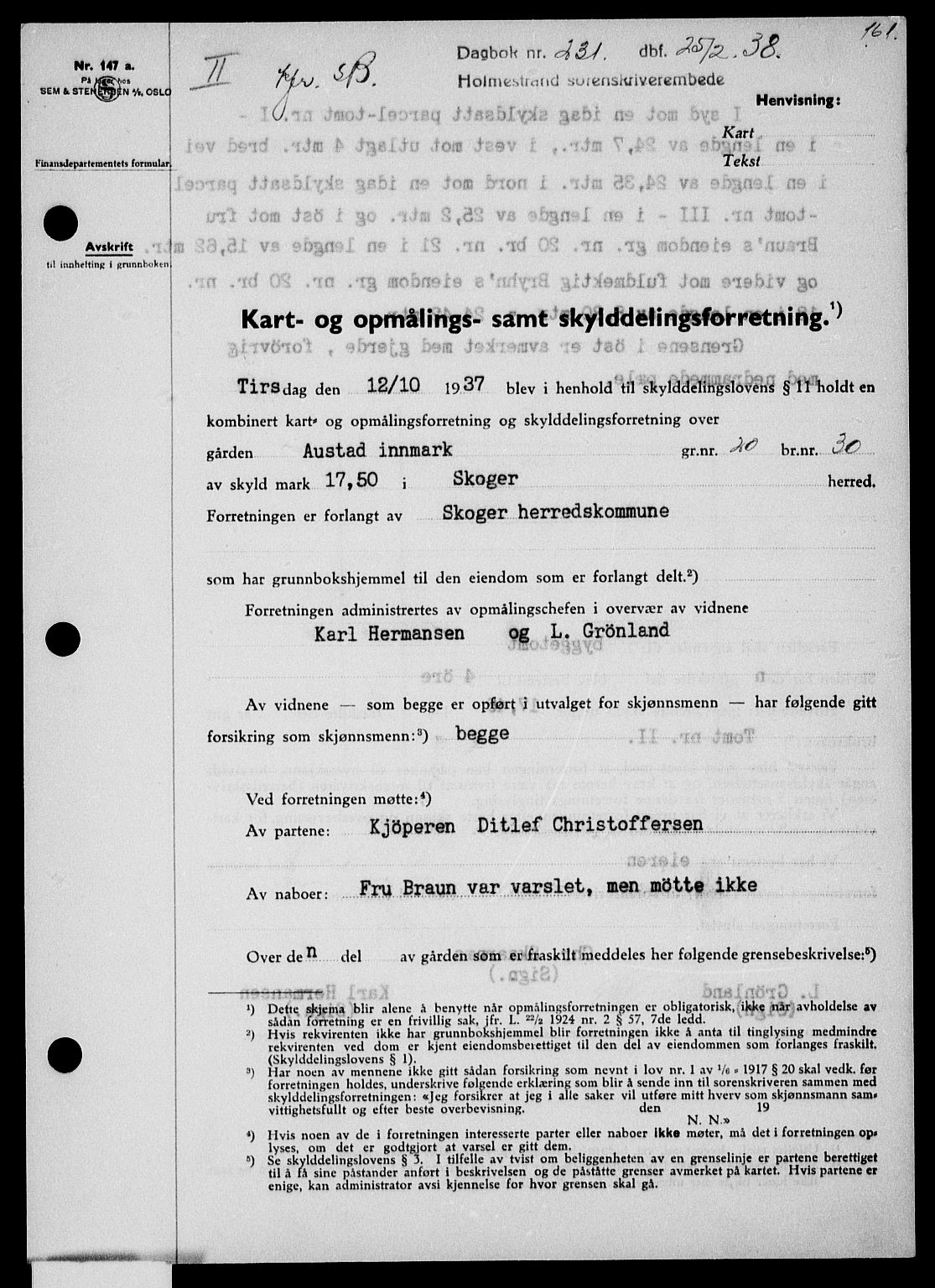 Holmestrand sorenskriveri, SAKO/A-67/G/Ga/Gaa/L0049: Pantebok nr. A-49, 1937-1938, Dagboknr: 231/1938