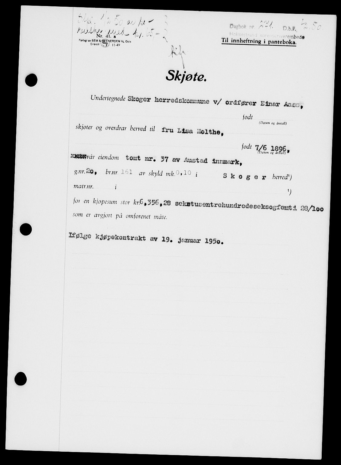 Holmestrand sorenskriveri, SAKO/A-67/G/Ga/Gaa/L0068: Pantebok nr. A-68, 1949-1950, Dagboknr: 271/1950