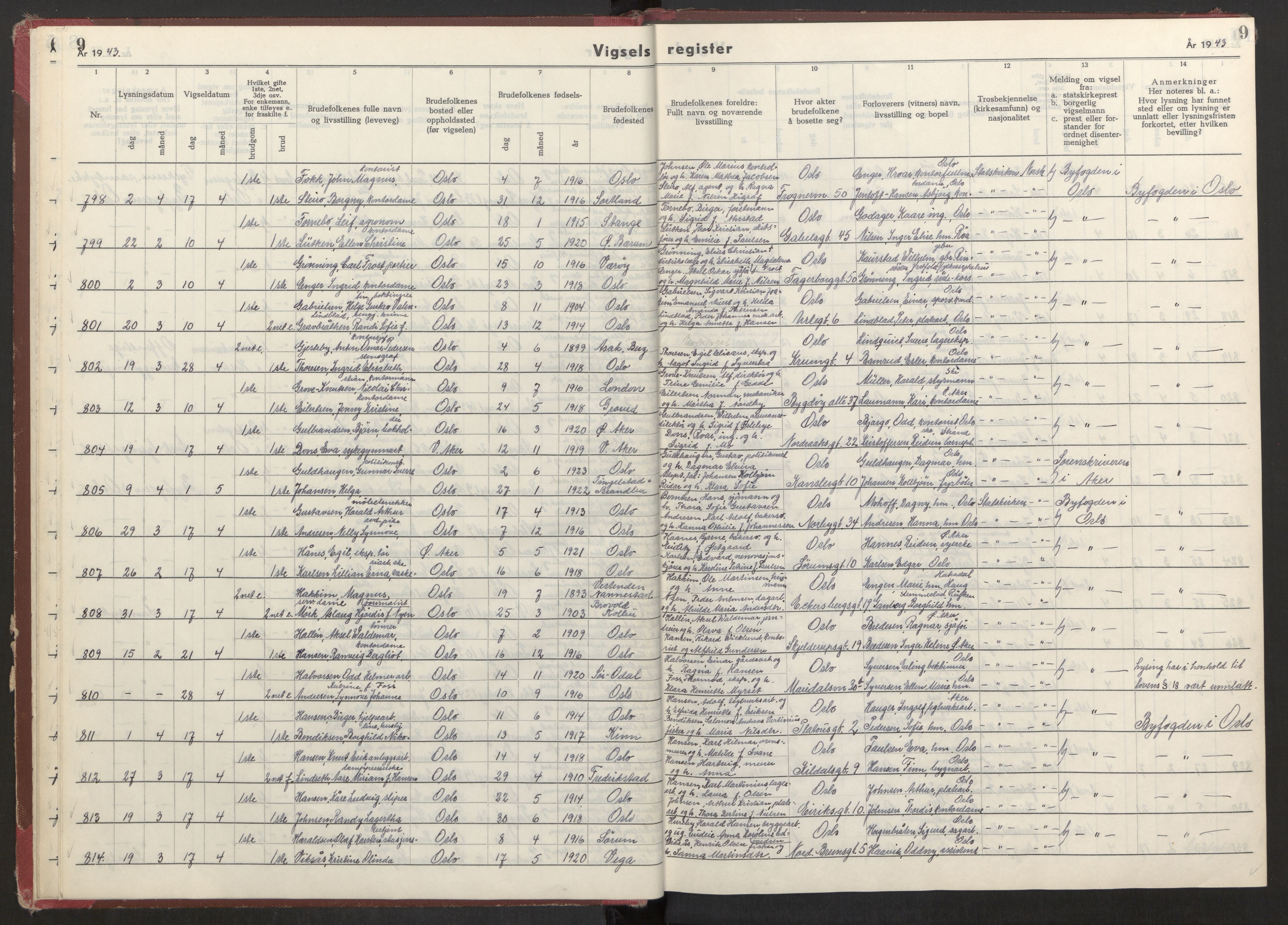Oslo folkeregister, AV/SAO-A-10991/G/Ga/L0004: Vigselsregister for Oslo, 1943-1944, s. 9