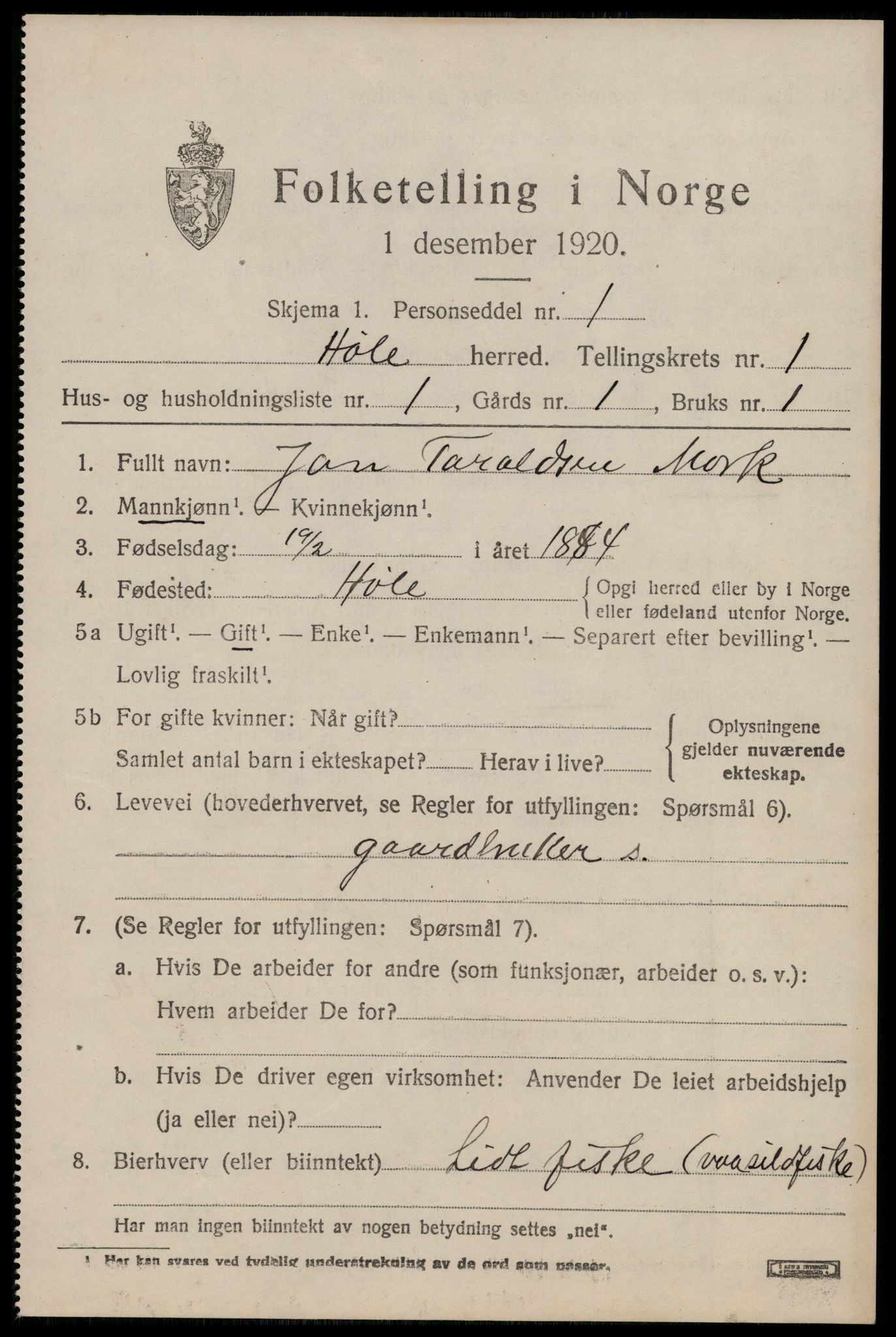 SAST, Folketelling 1920 for 1128 Høle herred, 1920, s. 523