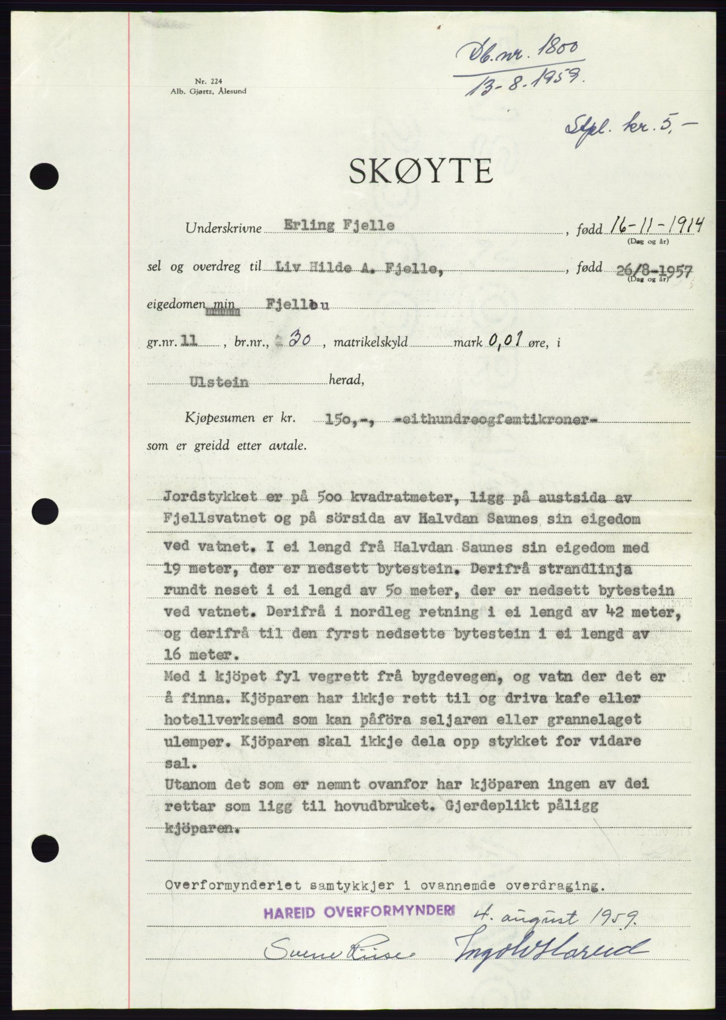Søre Sunnmøre sorenskriveri, SAT/A-4122/1/2/2C/L0113: Pantebok nr. 39A, 1959-1959, Dagboknr: 1800/1959
