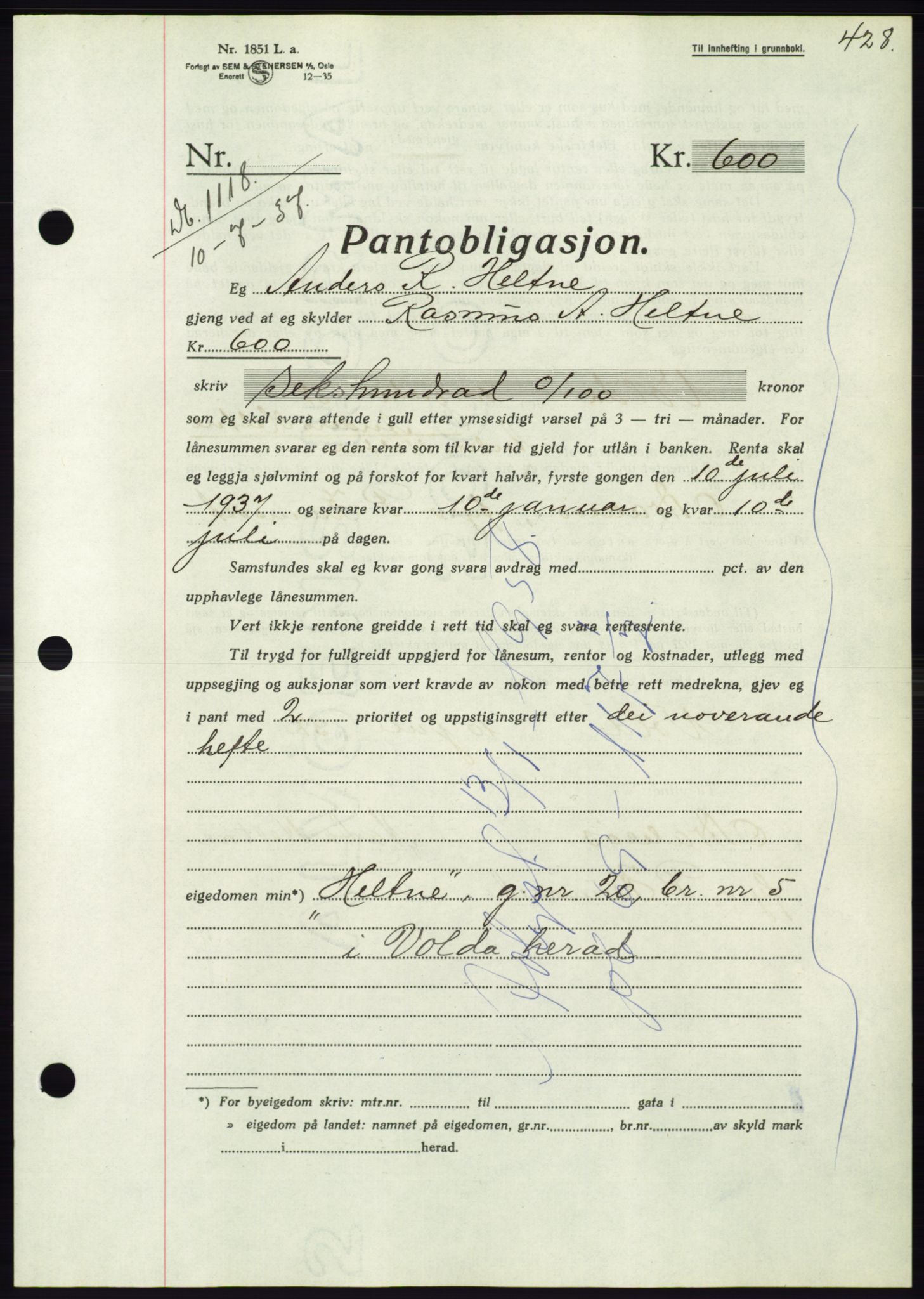 Søre Sunnmøre sorenskriveri, AV/SAT-A-4122/1/2/2C/L0063: Pantebok nr. 57, 1937-1937, Dagboknr: 1118/1937