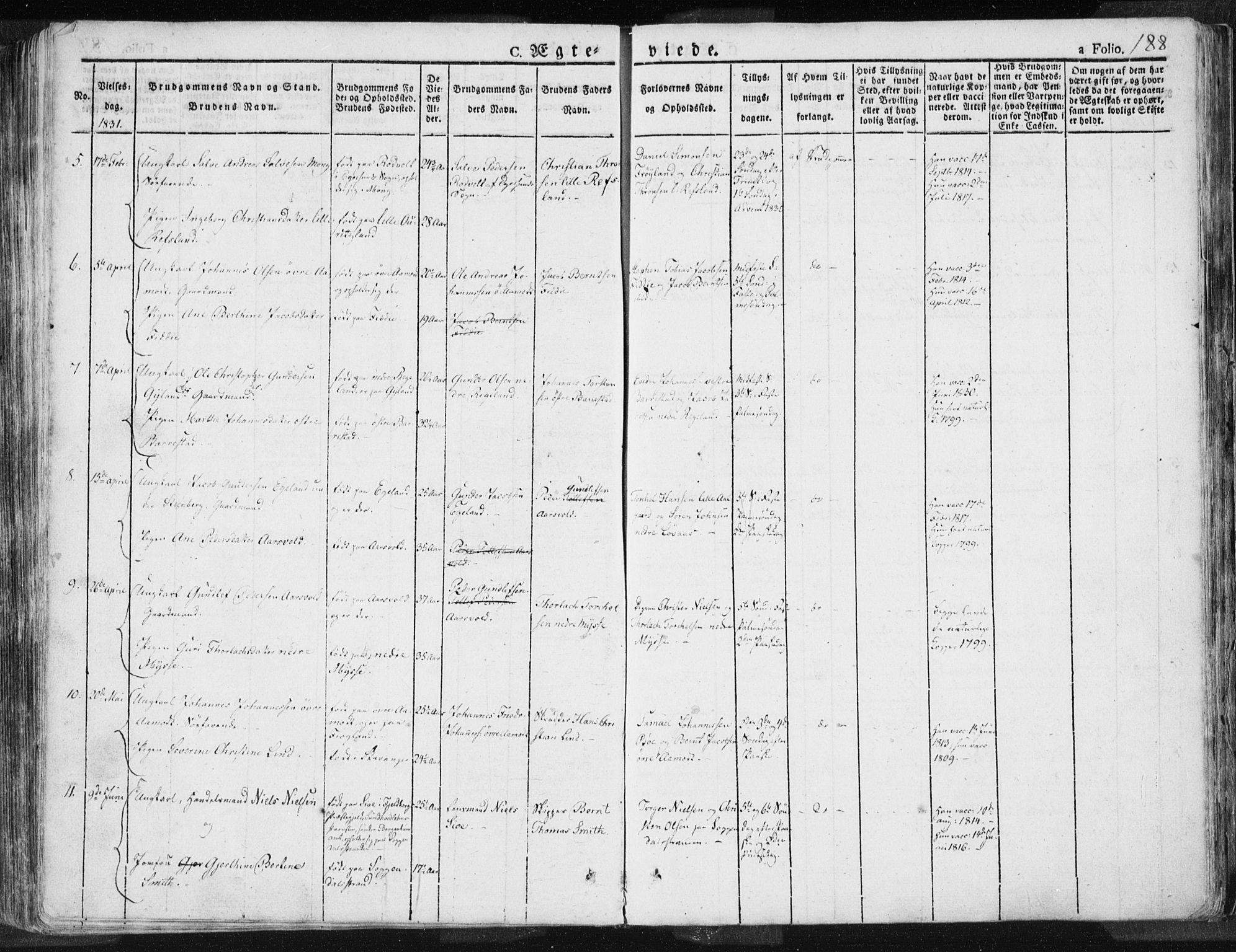 Sokndal sokneprestkontor, AV/SAST-A-101808: Ministerialbok nr. A 7.1, 1826-1842, s. 188