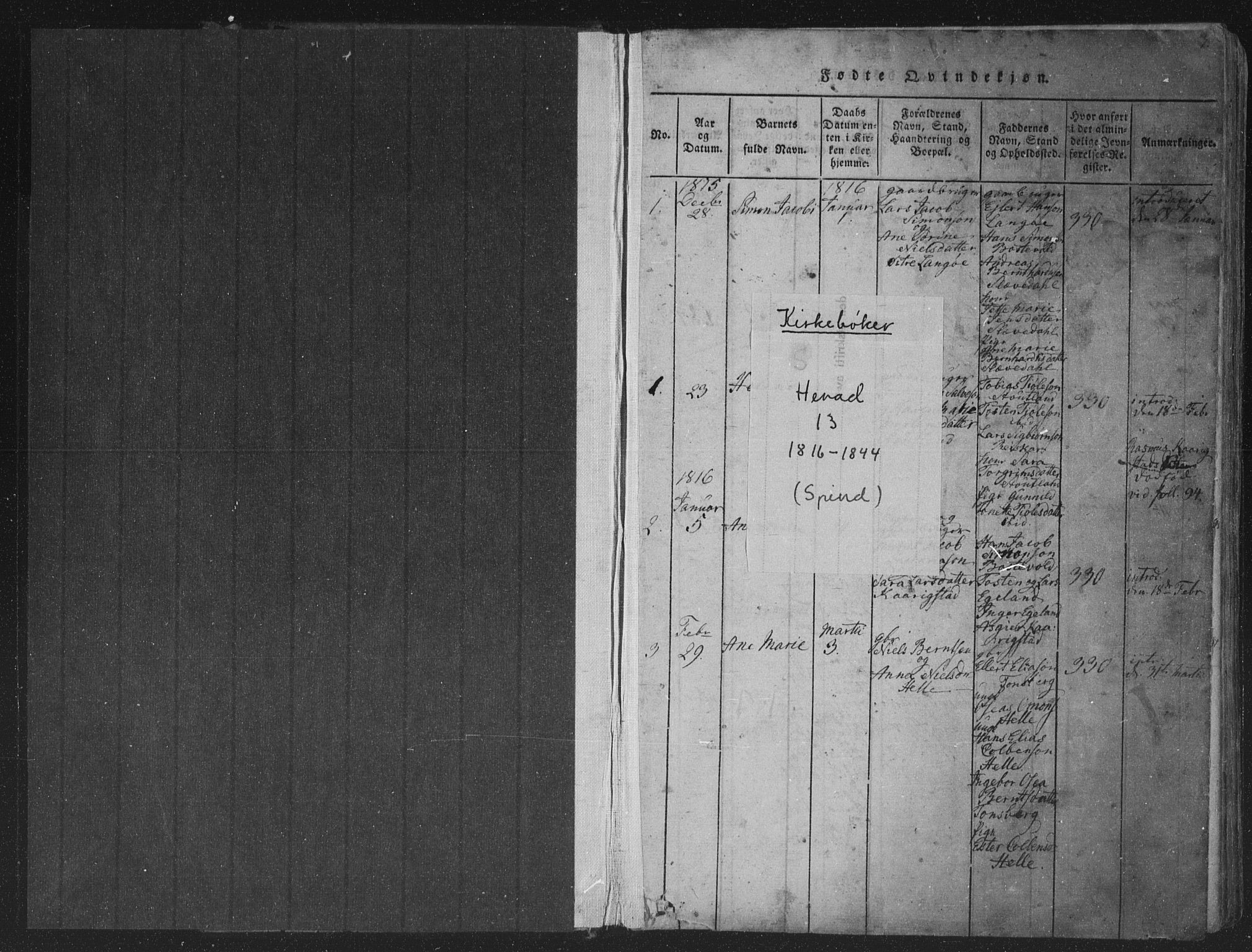 Herad sokneprestkontor, SAK/1111-0018/F/Fa/Fab/L0002: Ministerialbok nr. A 2, 1816-1844, s. 1