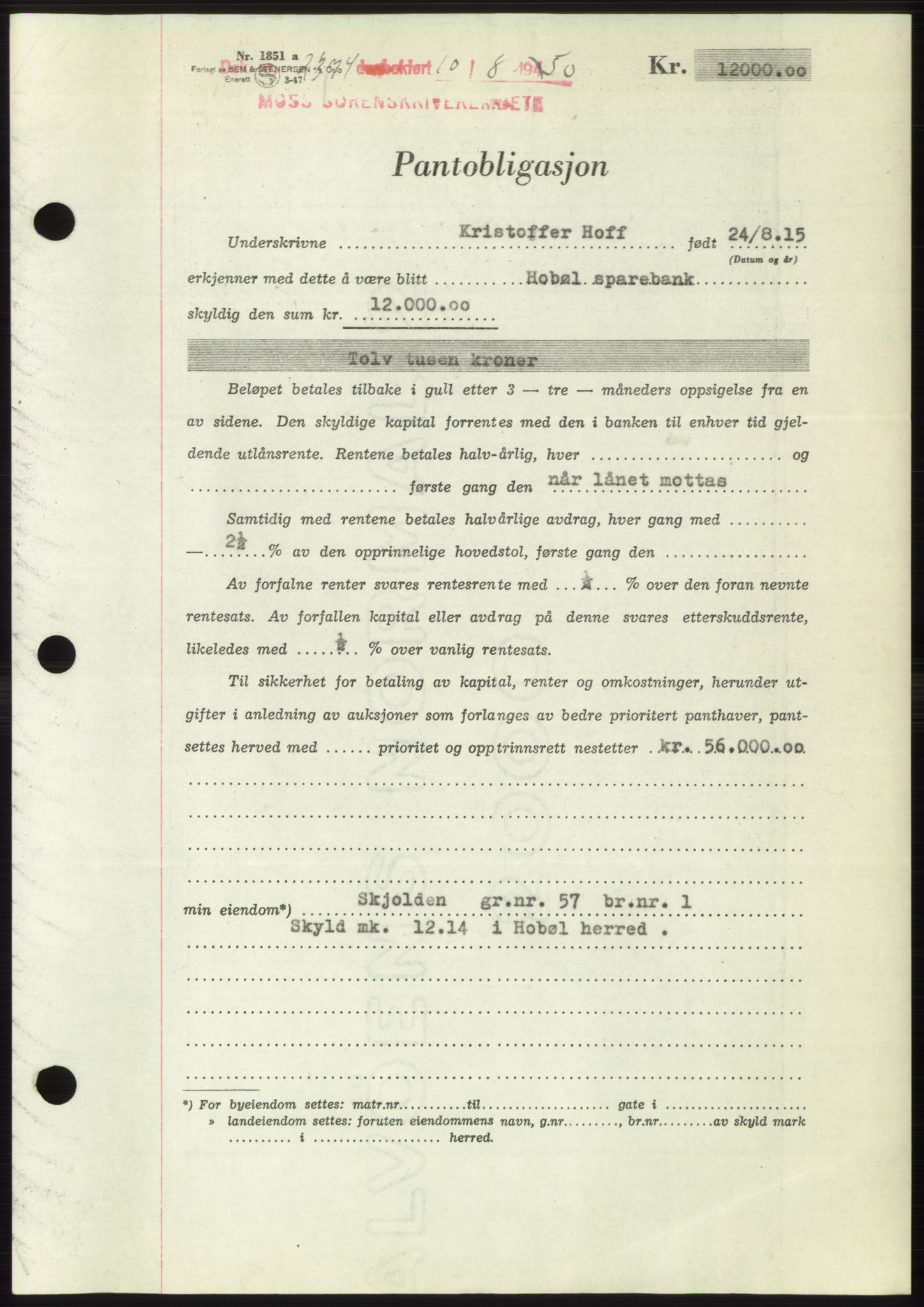 Moss sorenskriveri, SAO/A-10168: Pantebok nr. B25, 1950-1950, Dagboknr: 7374/1950