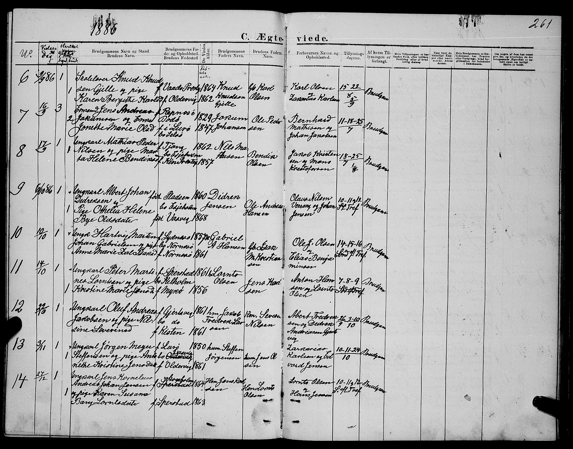 Ministerialprotokoller, klokkerbøker og fødselsregistre - Nordland, SAT/A-1459/841/L0620: Klokkerbok nr. 841C04, 1877-1896, s. 261