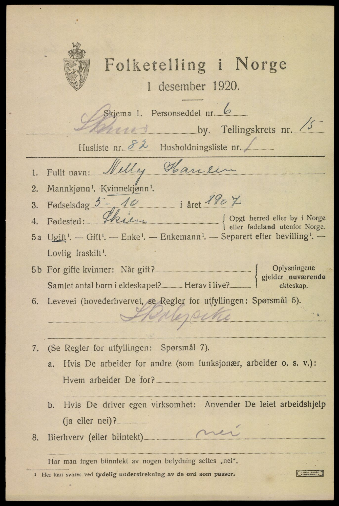 SAKO, Folketelling 1920 for 0806 Skien kjøpstad, 1920, s. 44836