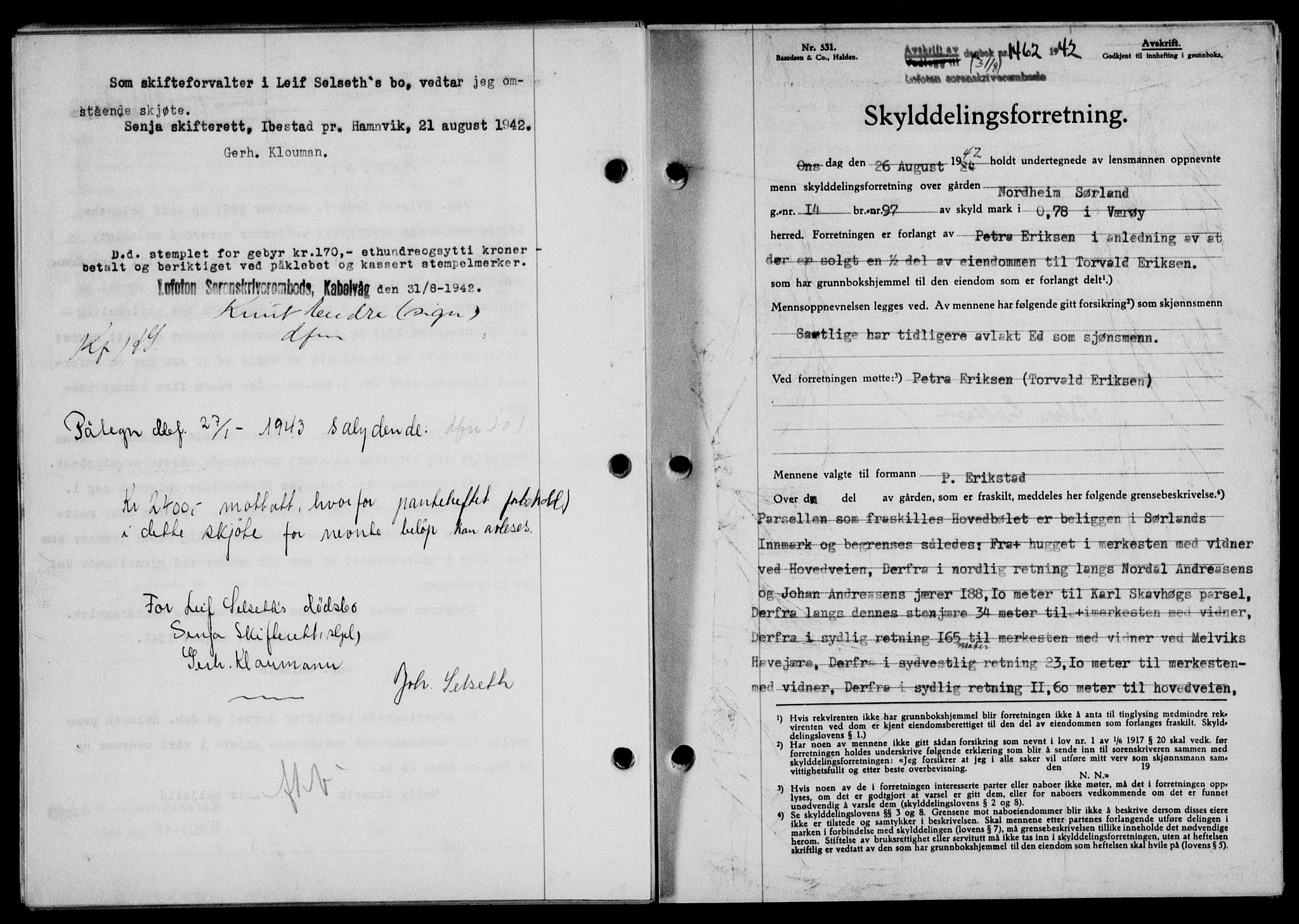 Lofoten sorenskriveri, SAT/A-0017/1/2/2C/L0010a: Pantebok nr. 10a, 1942-1943, Dagboknr: 1462/1942
