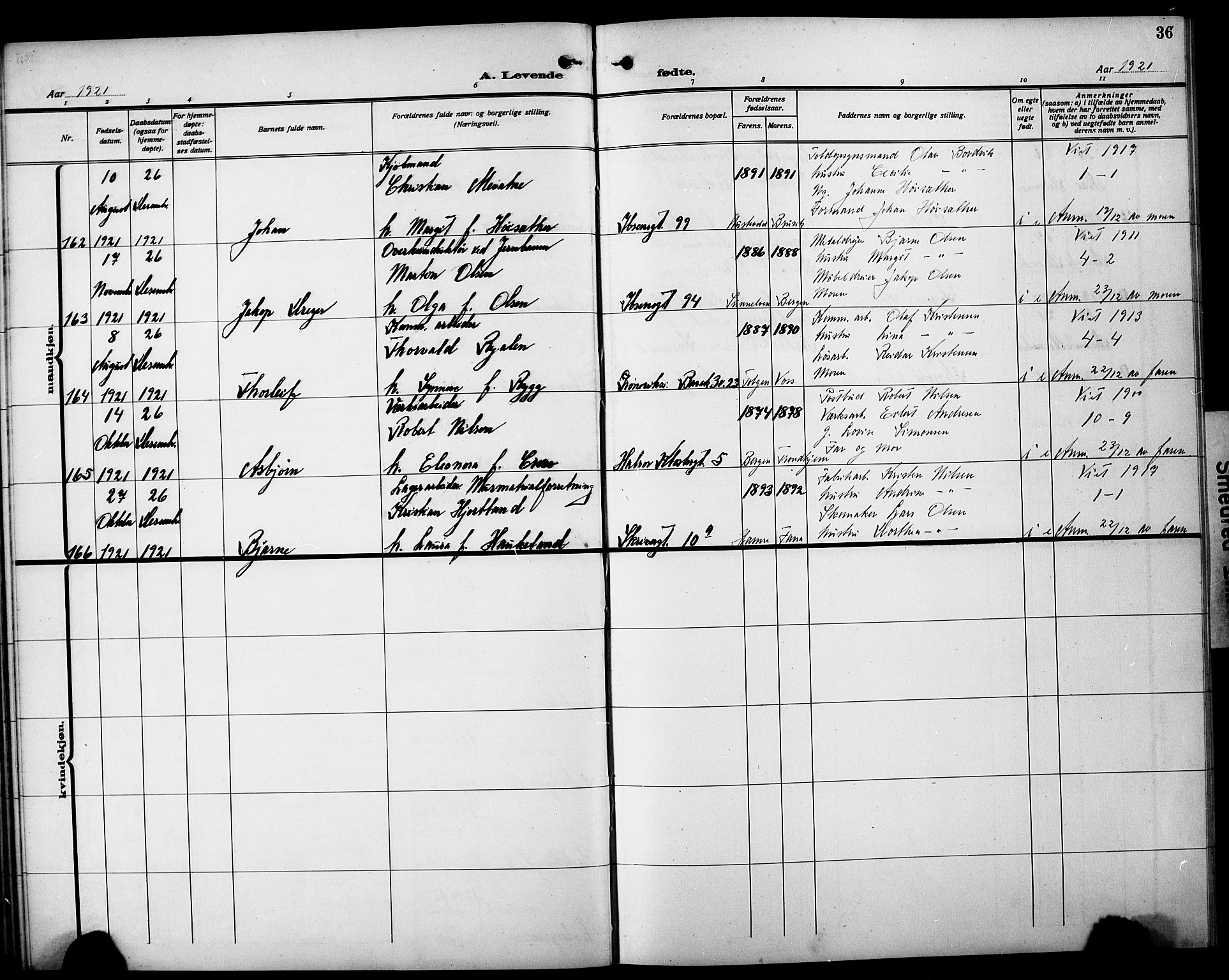 Årstad Sokneprestembete, AV/SAB-A-79301/H/Hab/L0004: Klokkerbok nr. A 4, 1921-1924, s. 36
