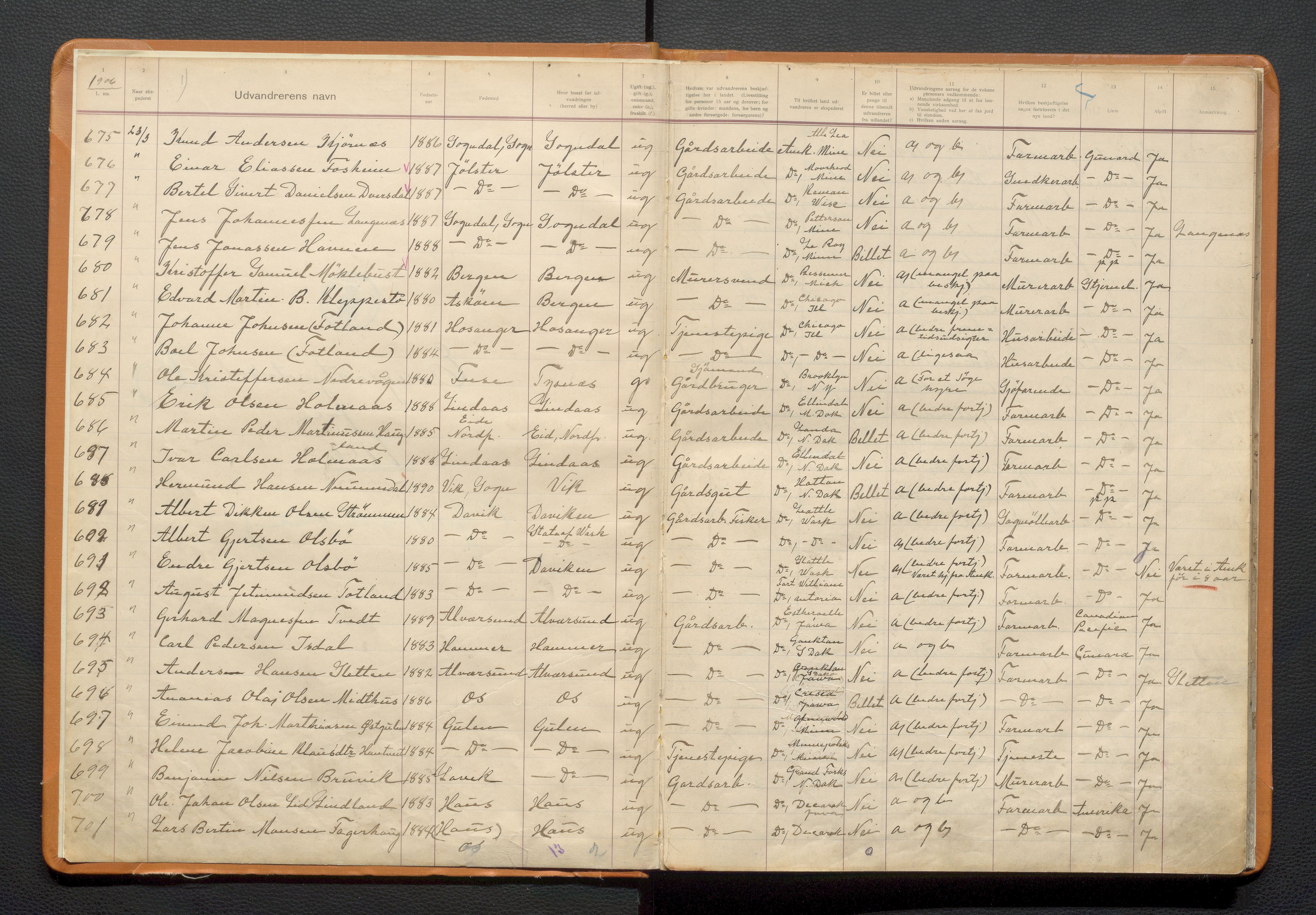 Bergen politikammer / politidistrikt, AV/SAB-A-60401/J.a/J.ab/L0007: Emigranter til Amerika, 1906