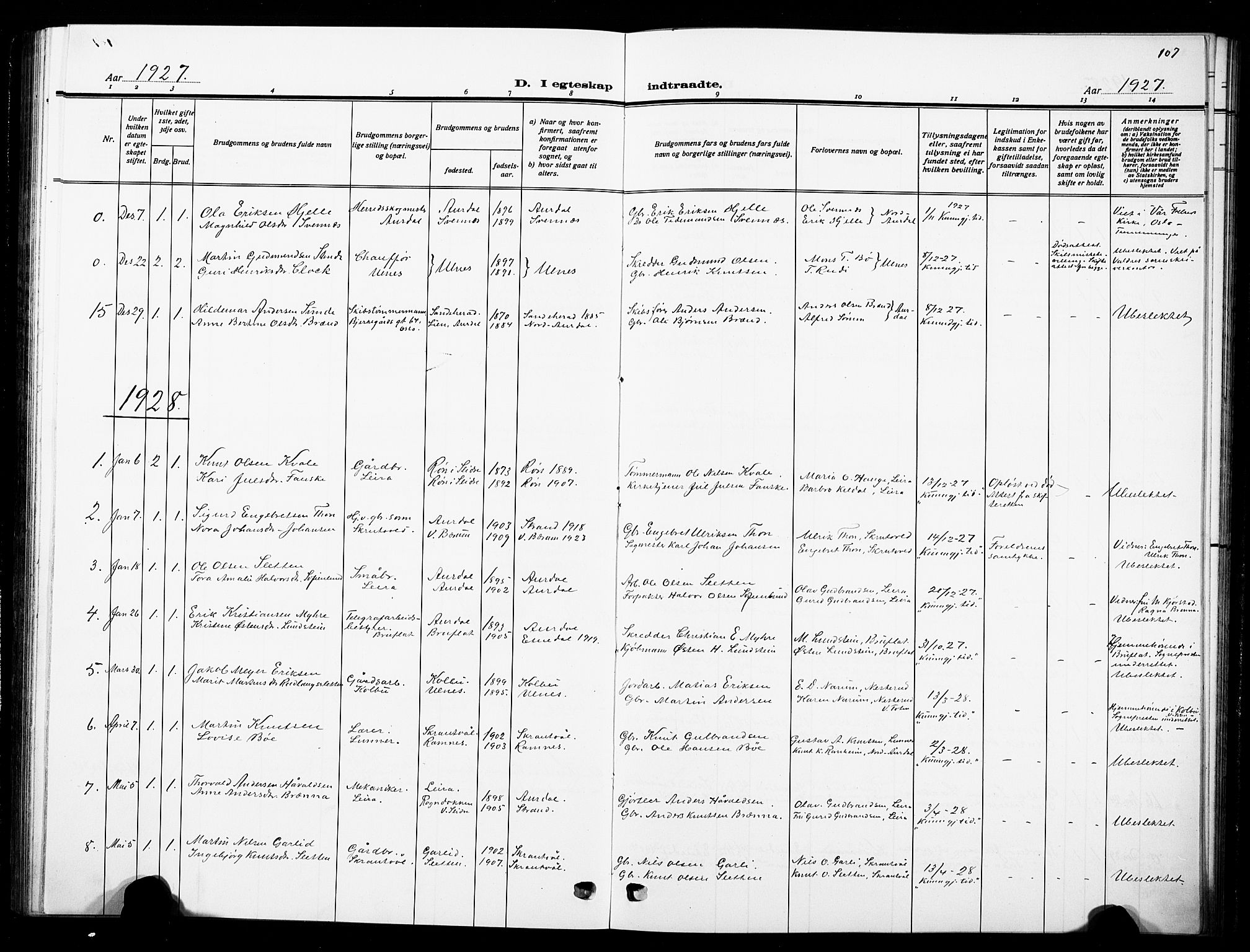 Nord-Aurdal prestekontor, SAH/PREST-132/H/Ha/Hab/L0016: Klokkerbok nr. 16, 1920-1932, s. 107