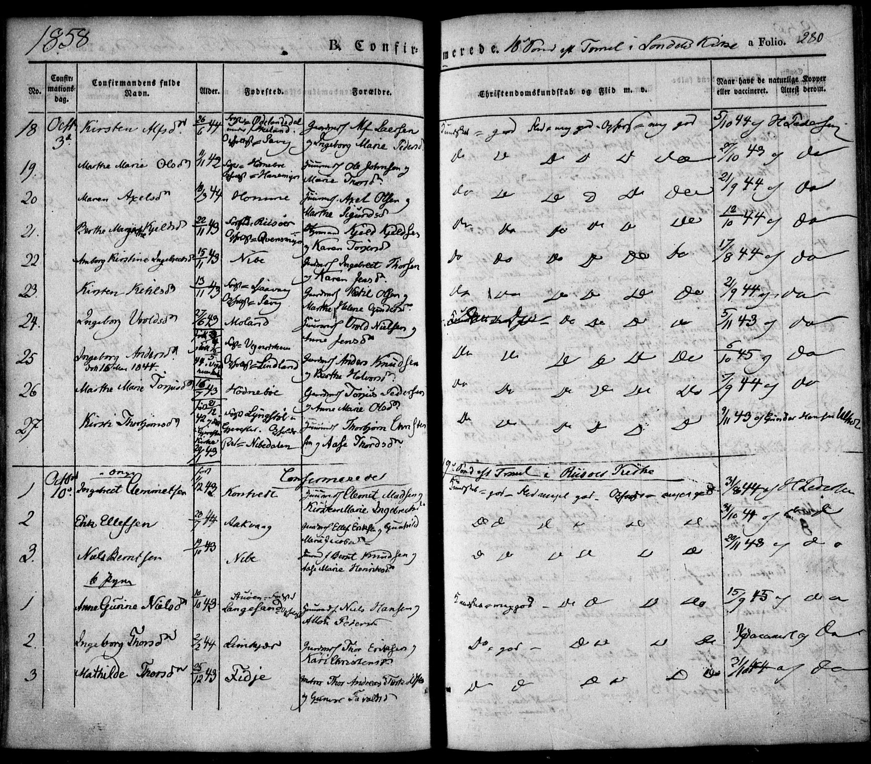Søndeled sokneprestkontor, AV/SAK-1111-0038/F/Fa/L0002: Ministerialbok nr. A 2, 1839-1860, s. 280