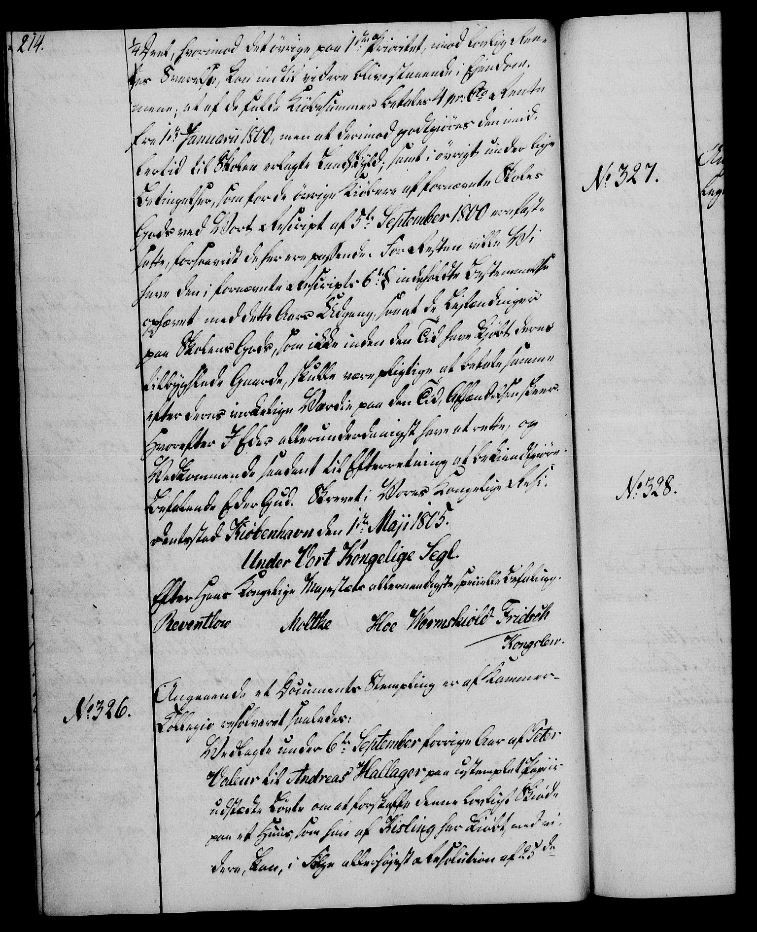 Rentekammeret, Kammerkanselliet, RA/EA-3111/G/Gg/Gga/L0018: Norsk ekspedisjonsprotokoll med register (merket RK 53.18), 1804-1806, s. 214