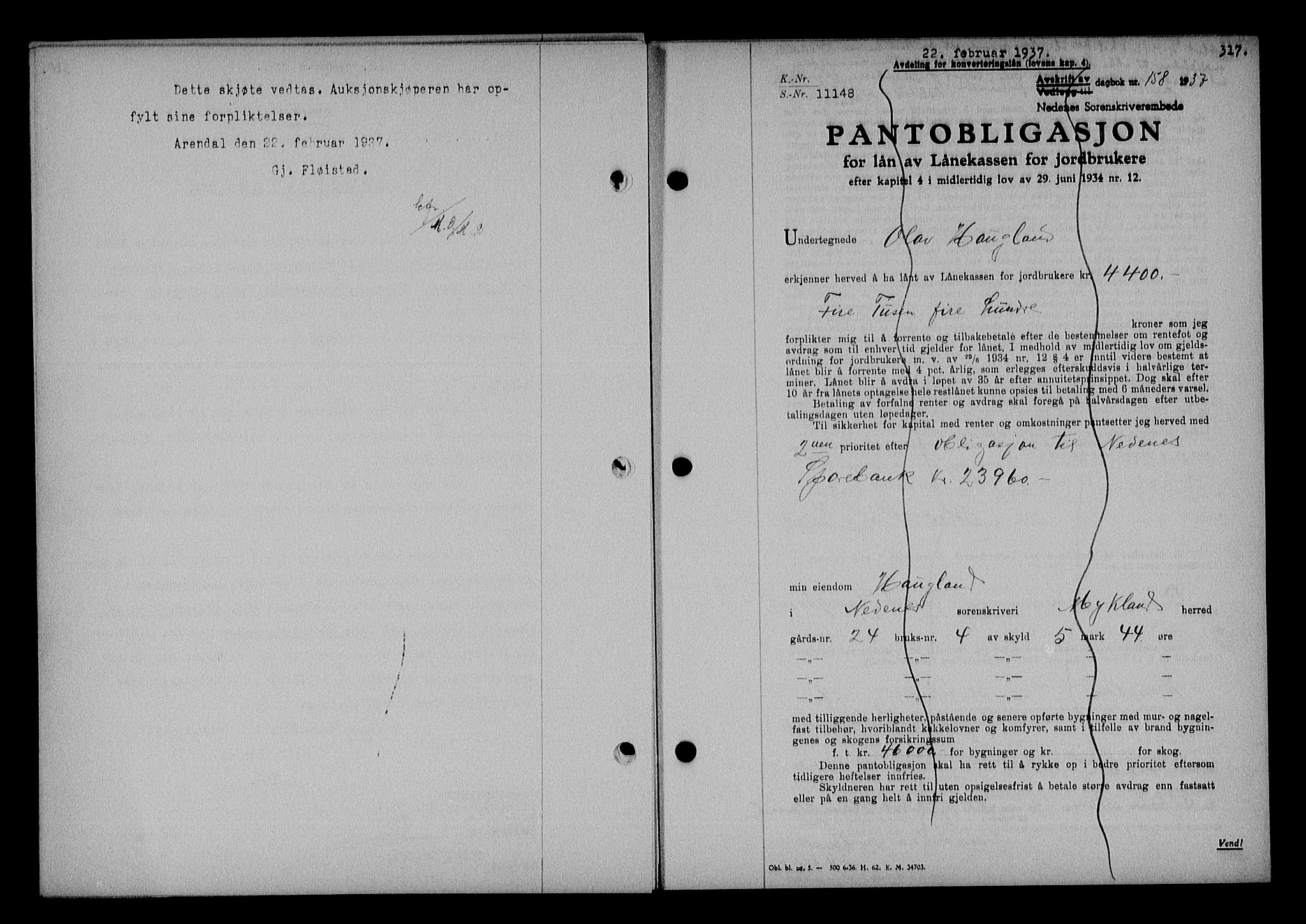 Nedenes sorenskriveri, AV/SAK-1221-0006/G/Gb/Gba/L0043: Pantebok nr. 39, 1936-1937, Dagboknr: 158/1937