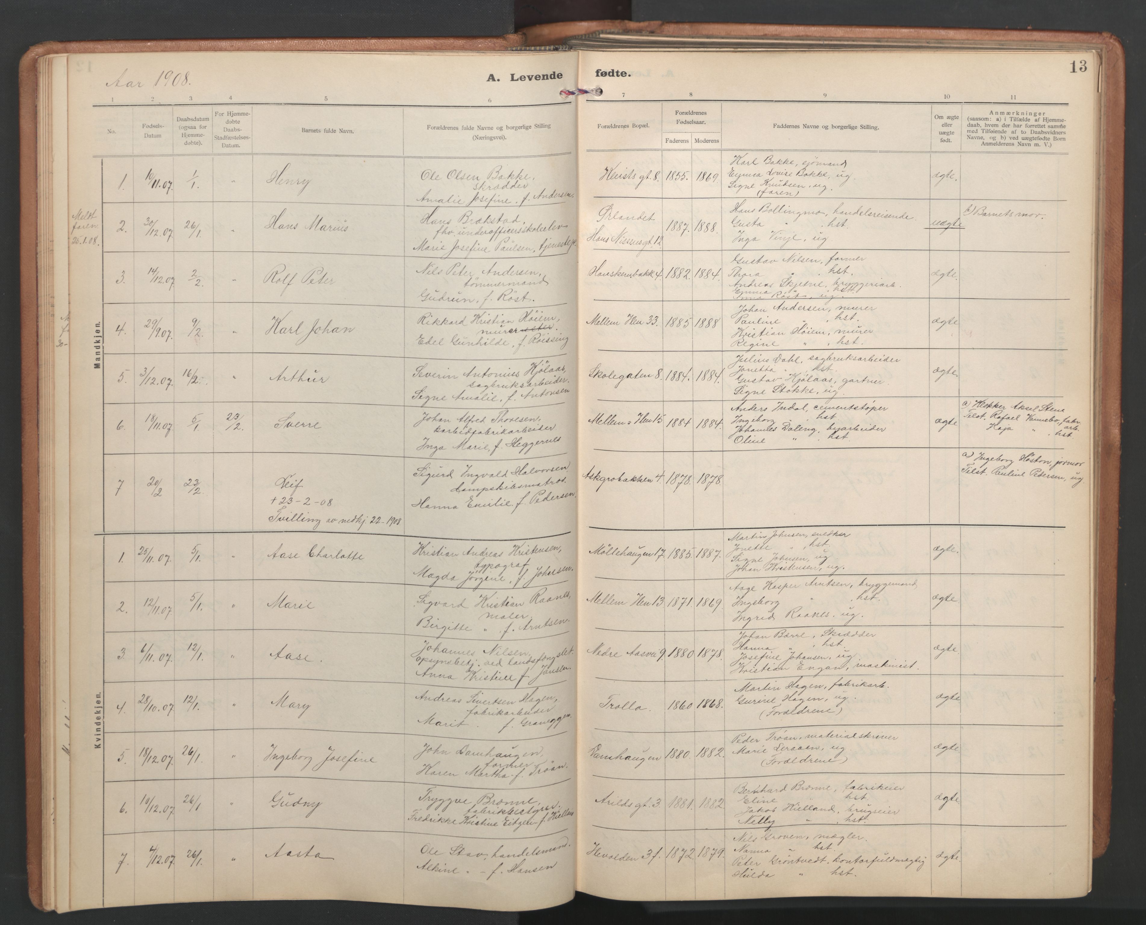 Ministerialprotokoller, klokkerbøker og fødselsregistre - Sør-Trøndelag, AV/SAT-A-1456/603/L0173: Klokkerbok nr. 603C01, 1907-1962, s. 13