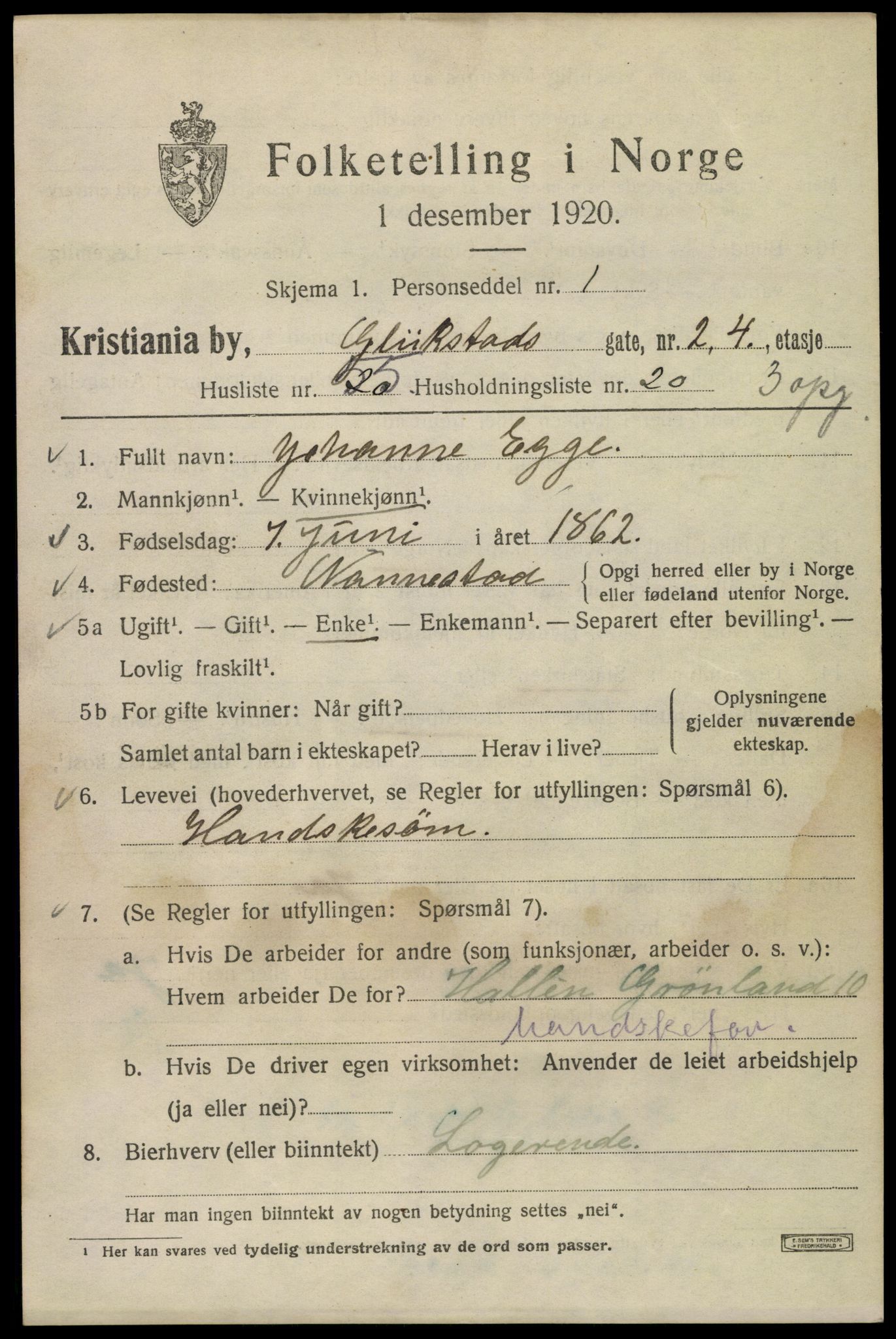 SAO, Folketelling 1920 for 0301 Kristiania kjøpstad, 1920, s. 250479