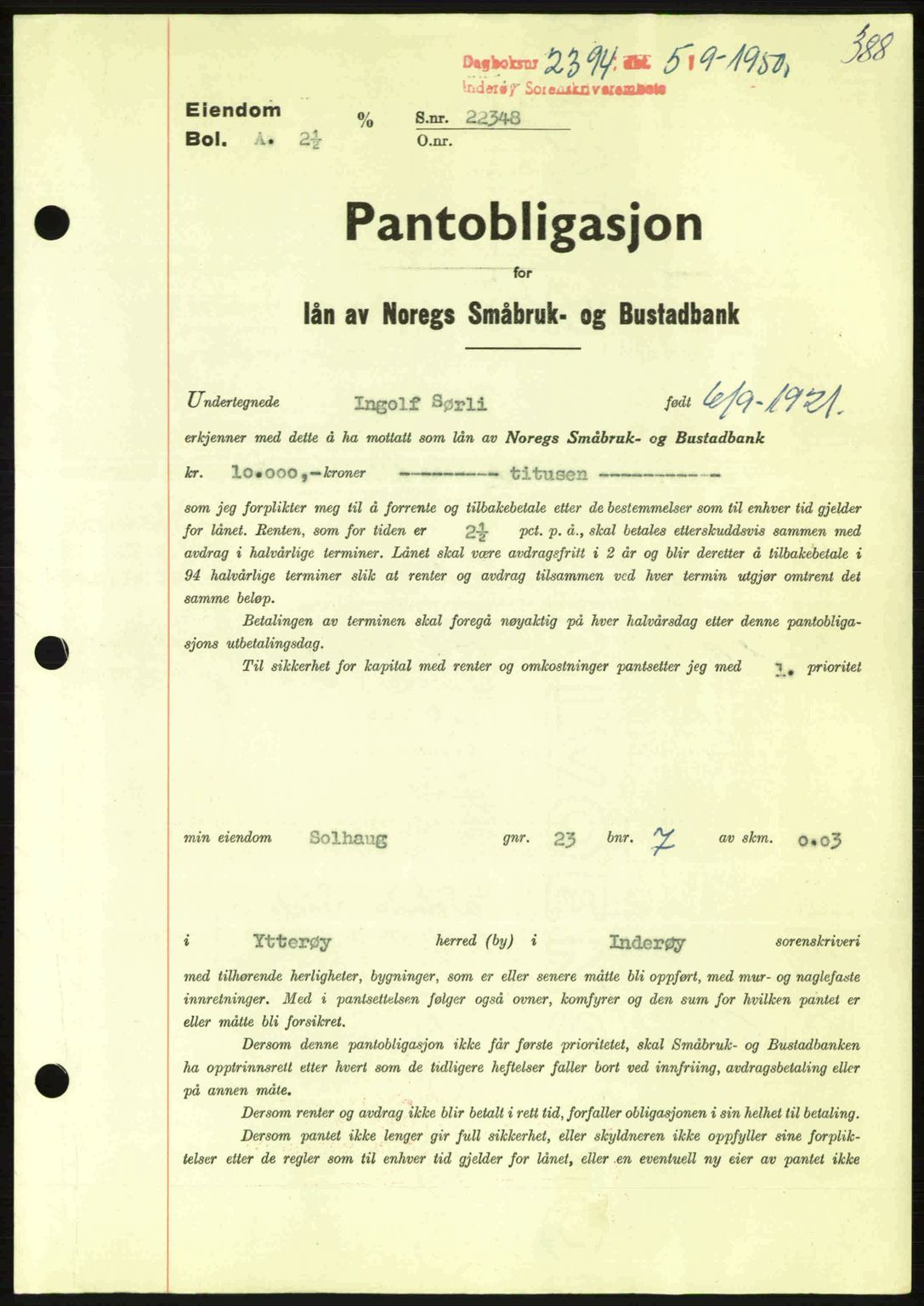 Inderøy sorenskriveri, SAT/A-4147/1/2/2C: Pantebok nr. Y1, 1936-1950, Dagboknr: 2394/1950