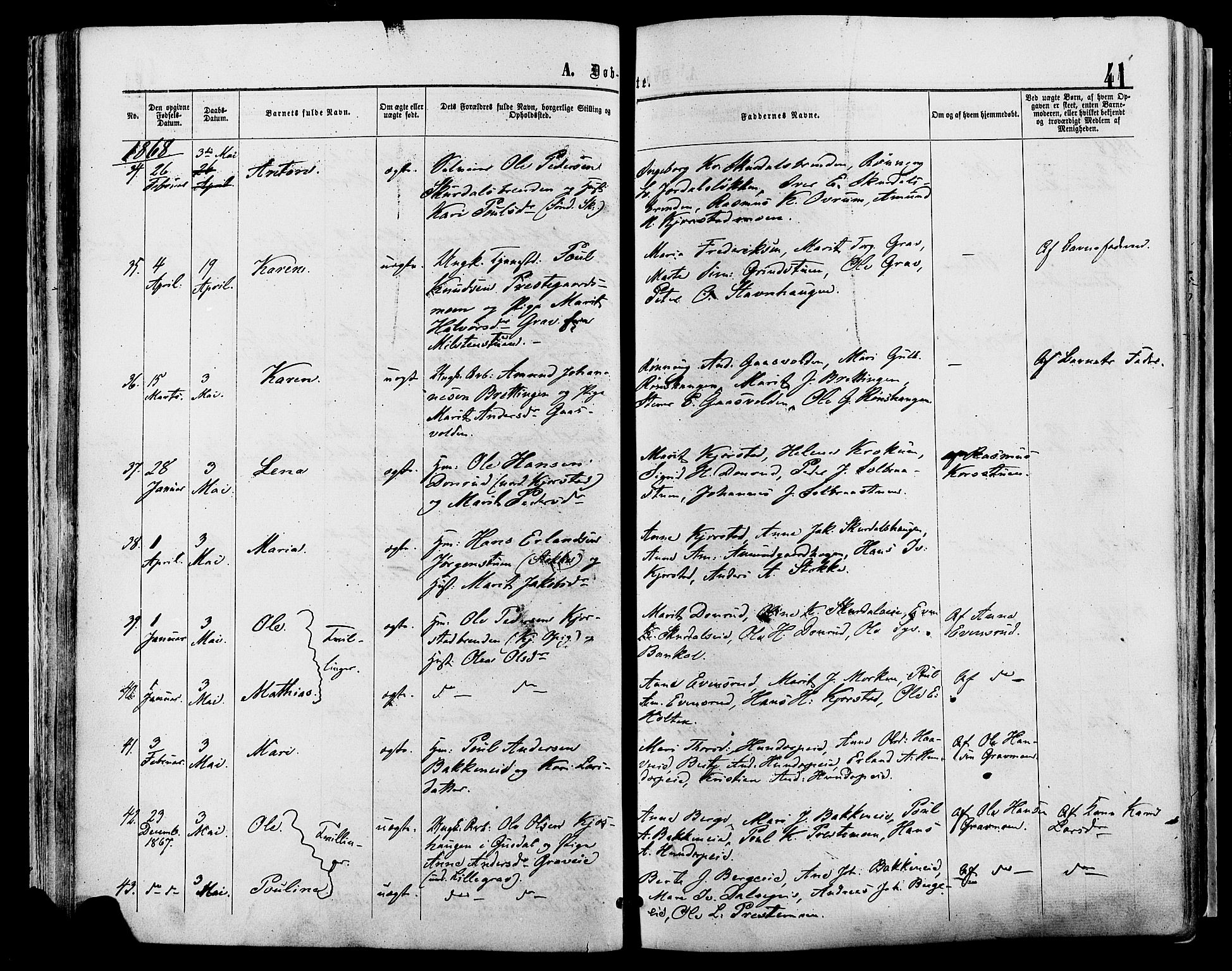 Sør-Fron prestekontor, SAH/PREST-010/H/Ha/Haa/L0002: Ministerialbok nr. 2, 1864-1880, s. 41