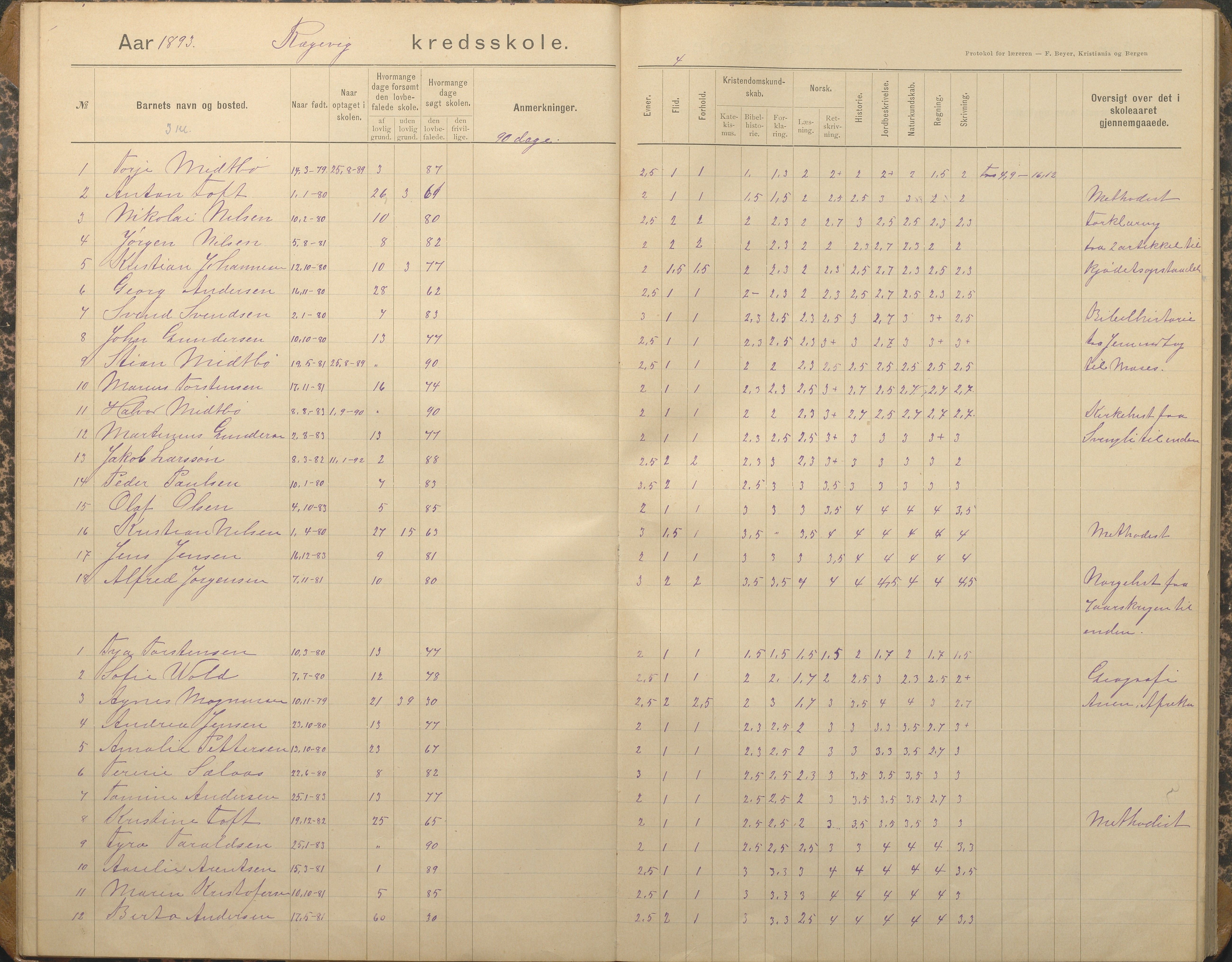 Tromøy kommune frem til 1971, AAKS/KA0921-PK/04/L0067: Rægevik - Karakterprotokoll, 1892-1908