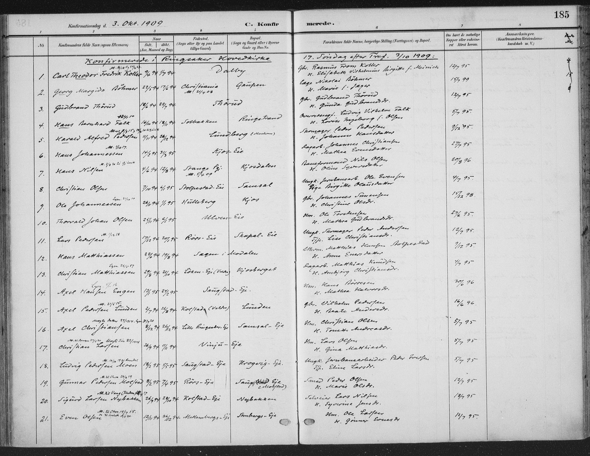 Ringsaker prestekontor, AV/SAH-PREST-014/K/Ka/L0018: Ministerialbok nr. 18, 1903-1912, s. 185